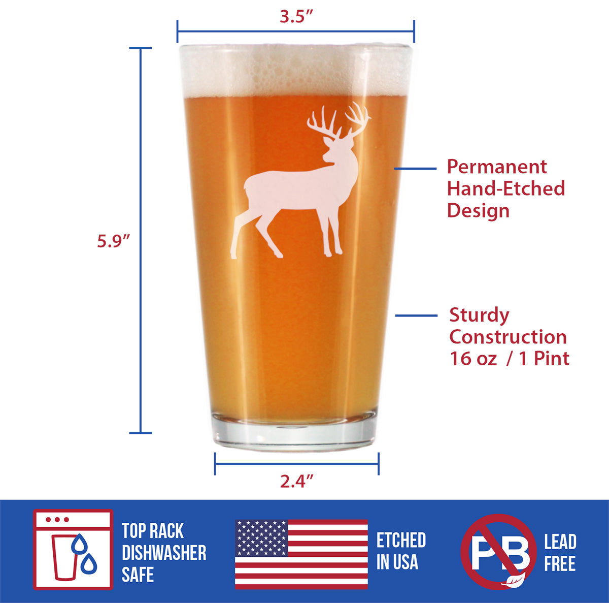 Deer Pint Glass for Beer - Cabin Themed Gifts or Rustic Decor for Men and Women - Fun Drinking or Party Glasses - 16 oz