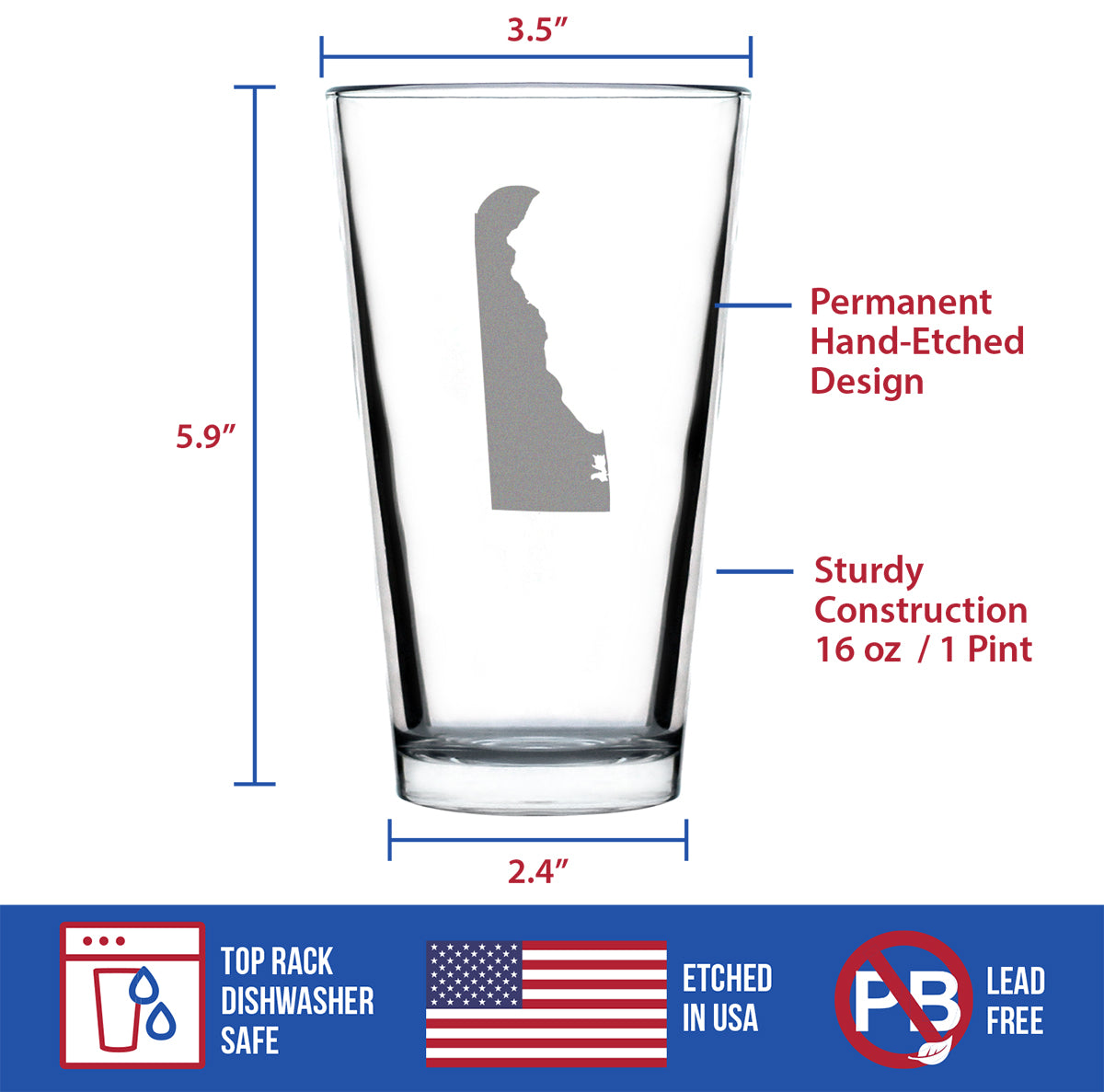 Delaware State Outline Pint Glass for Beer - State Themed Drinking Decor and Gifts for Delawarean Women &amp; Men - 16 Oz Glasses