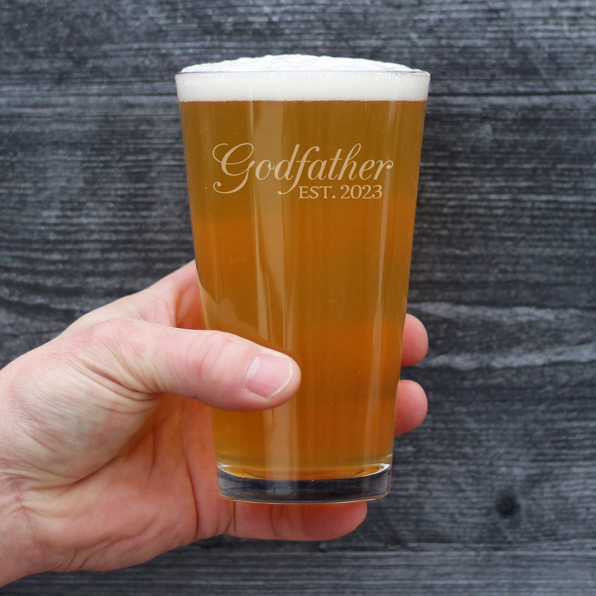 Godfather Est. 2023 - Decorative Cute Pint Glass 16 Oz, Etched Sayings, Reveal Gift for Godparents