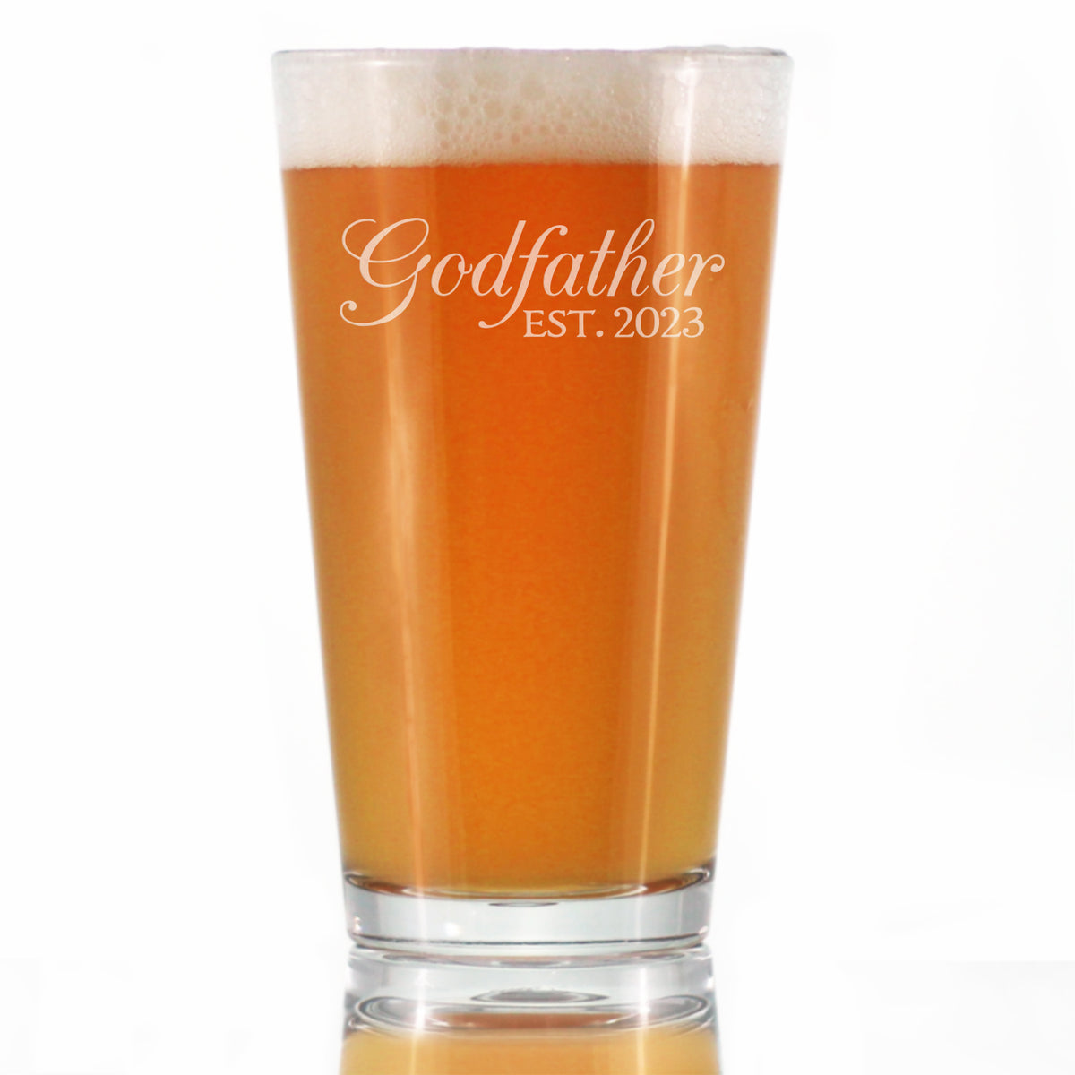 Godfather Est. 2023 - Decorative Cute Pint Glass 16 Oz, Etched Sayings, Reveal Gift for Godparents