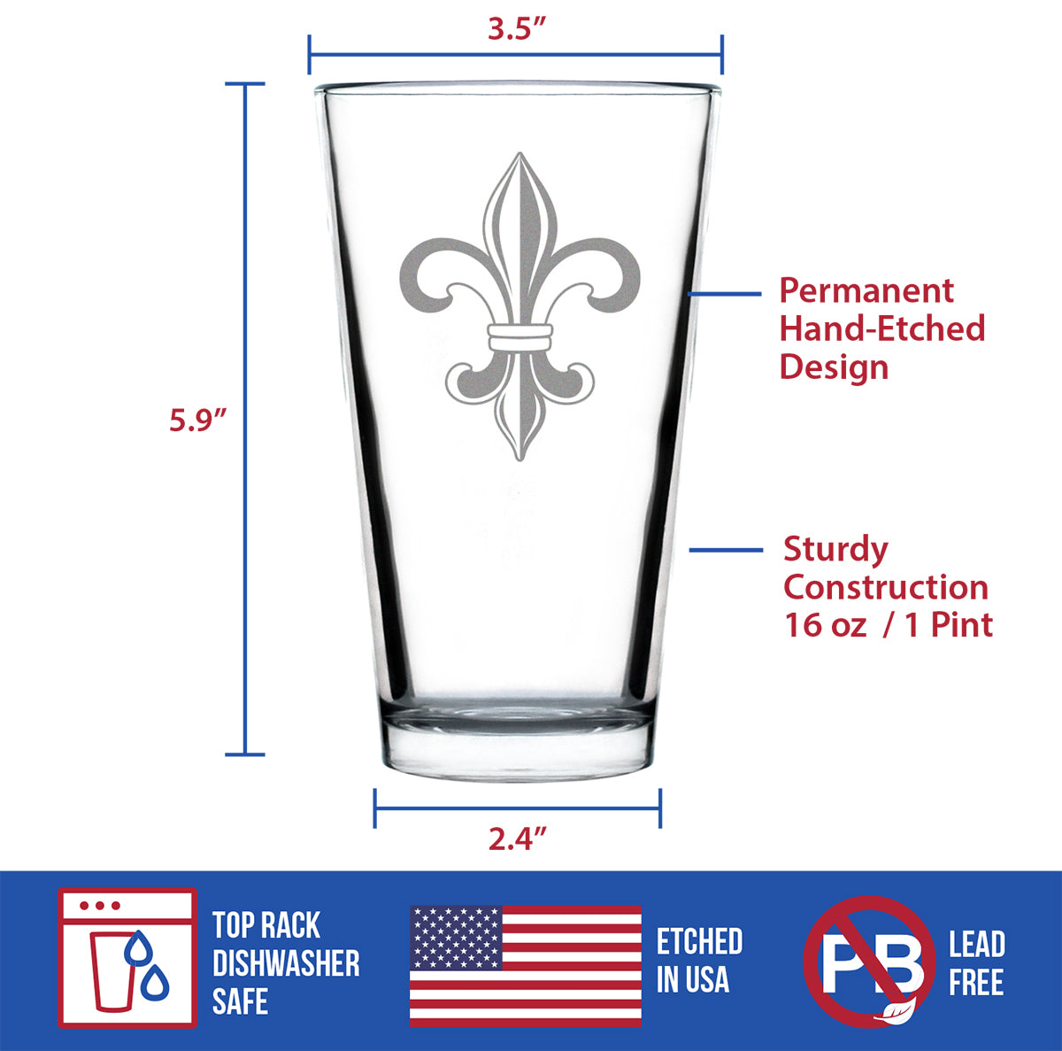 Fleur de Lis Pint Glass for Beer - French Fleur de Lis Decor and Gifts - 16 Oz Glasses