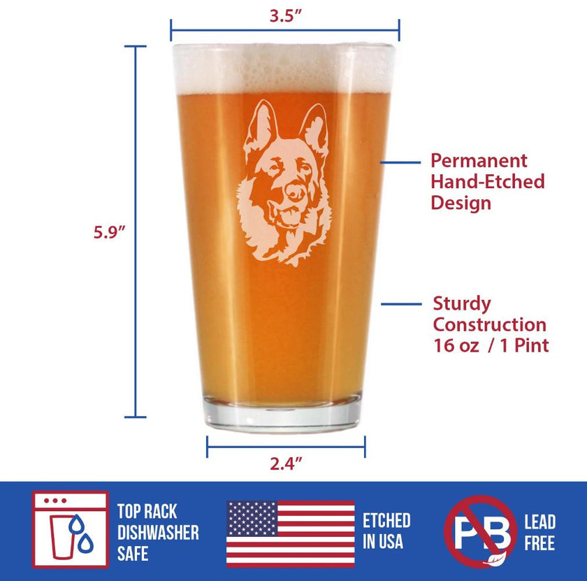 German Shepherd Happy Face Pint Glass - Pint Glass Gifts for Beer Drinking Men & Women - Fun German Shepherds Decor