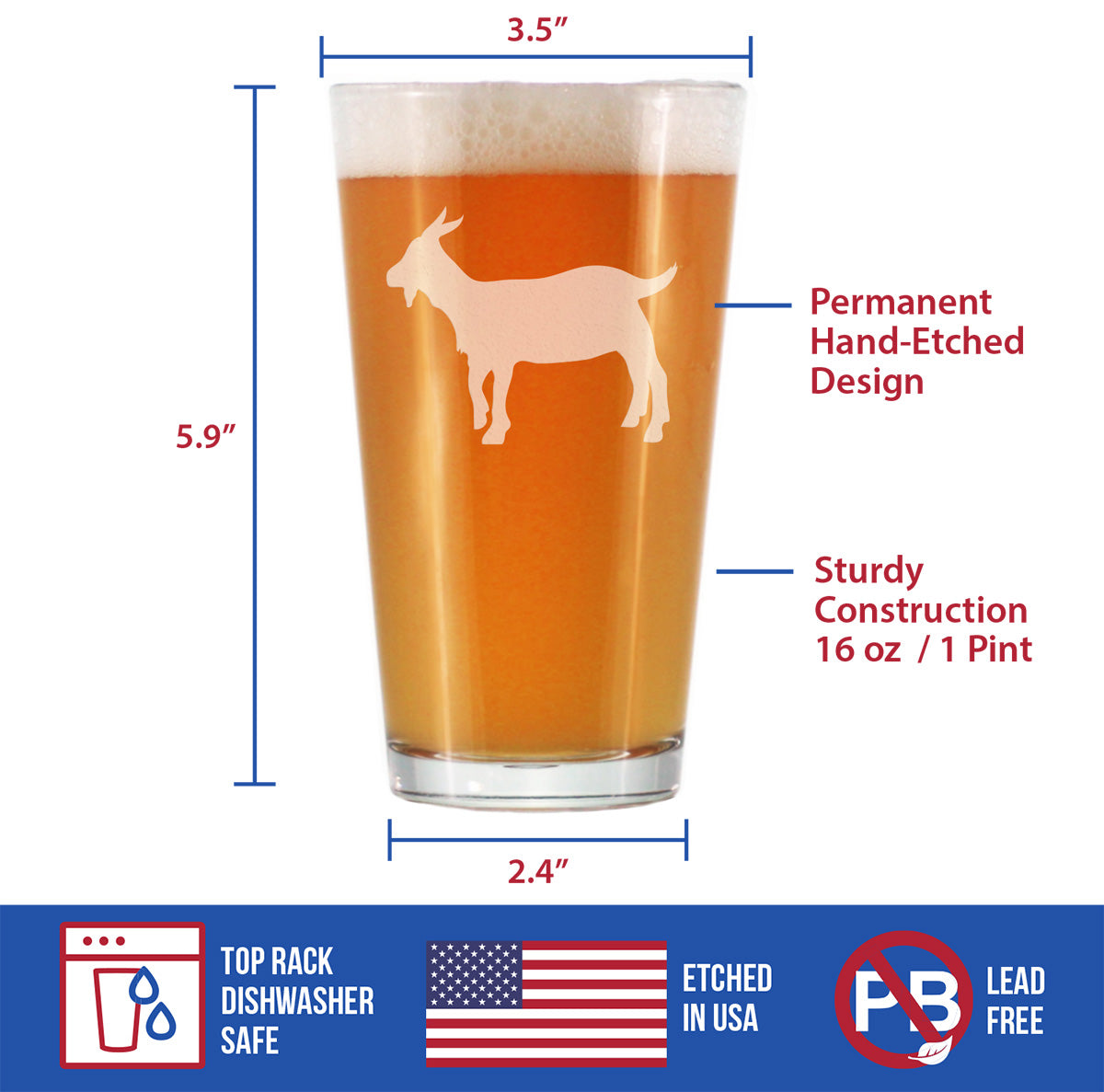 Goat Pint Glass for Beer - Funny Unique Farm Animal Themed Decor and Gifts for Goat Lovers - 16 oz