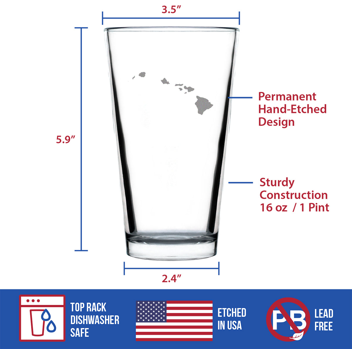 Hawaii State Outline Pint Glass for Beer - State Themed Drinking Decor and Gifts for Hawaiian Women &amp; Men - 16 Oz Glasses