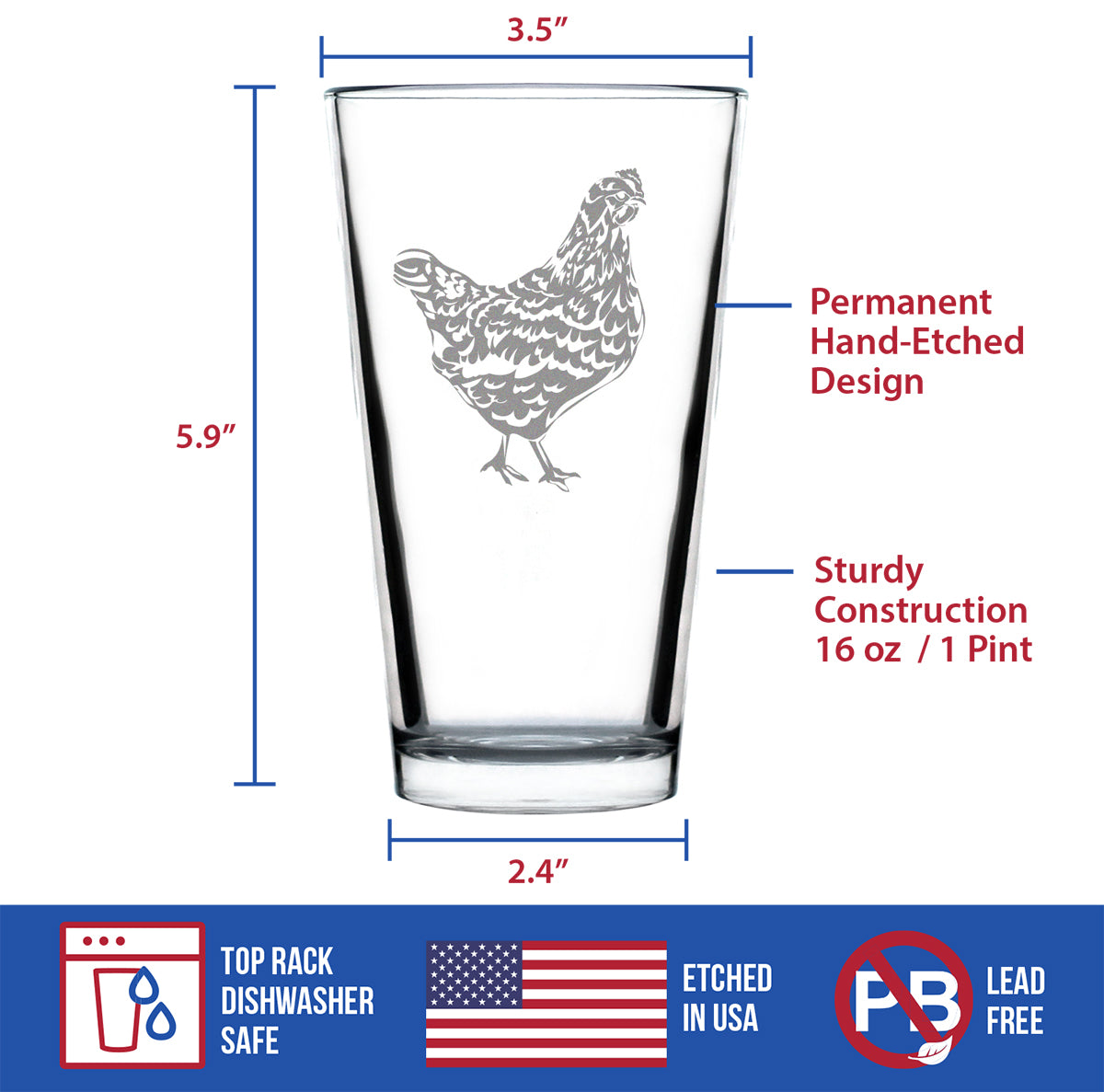 Hen - Cute Funny Pint Glass, 16 Oz, Etched Sayings, Cute Farmhouse Decor Gifts for Lovers of Hens, Chickens and Beer