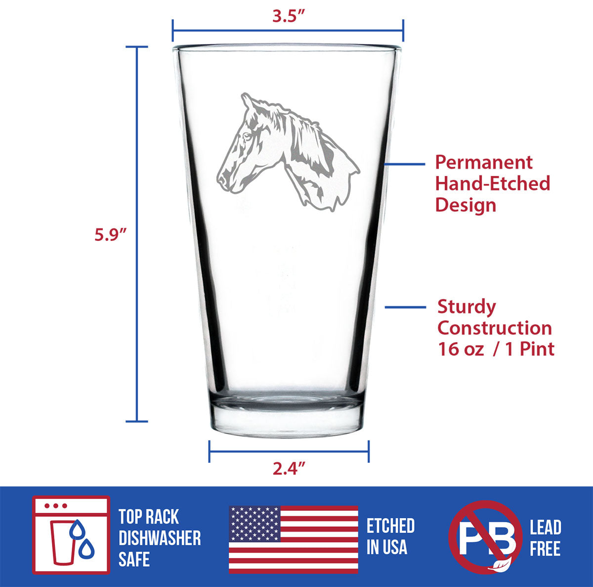 Horse Face Pint Glass for Beer - Western Themed Farm Decor and Gifts for Horseback Riders - 16 Oz Glasses