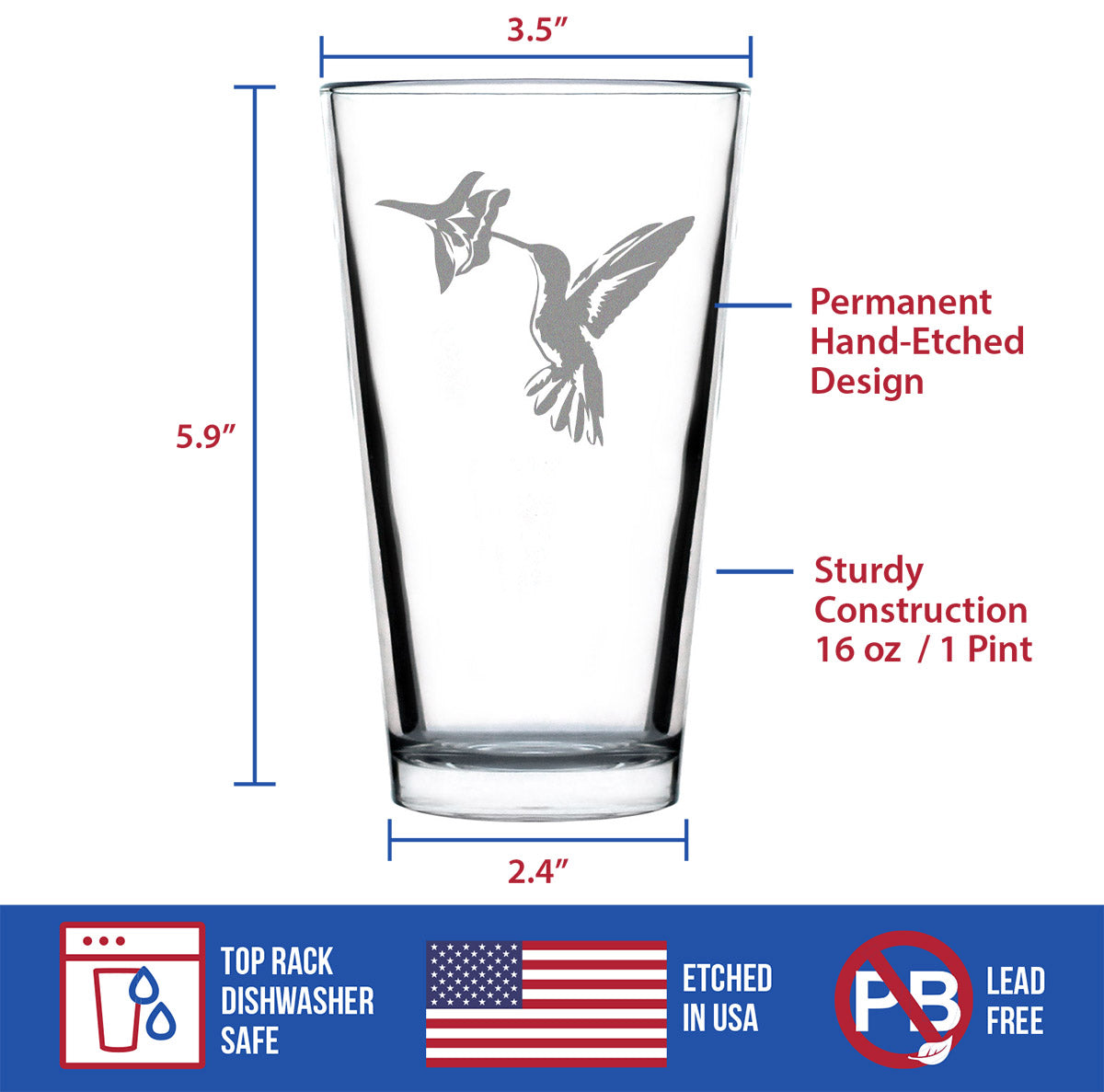Hummingbird - Pint Glass for Beer - Bird Themed Gifts and Decor for Men &amp; Women - 16 Oz Glasses