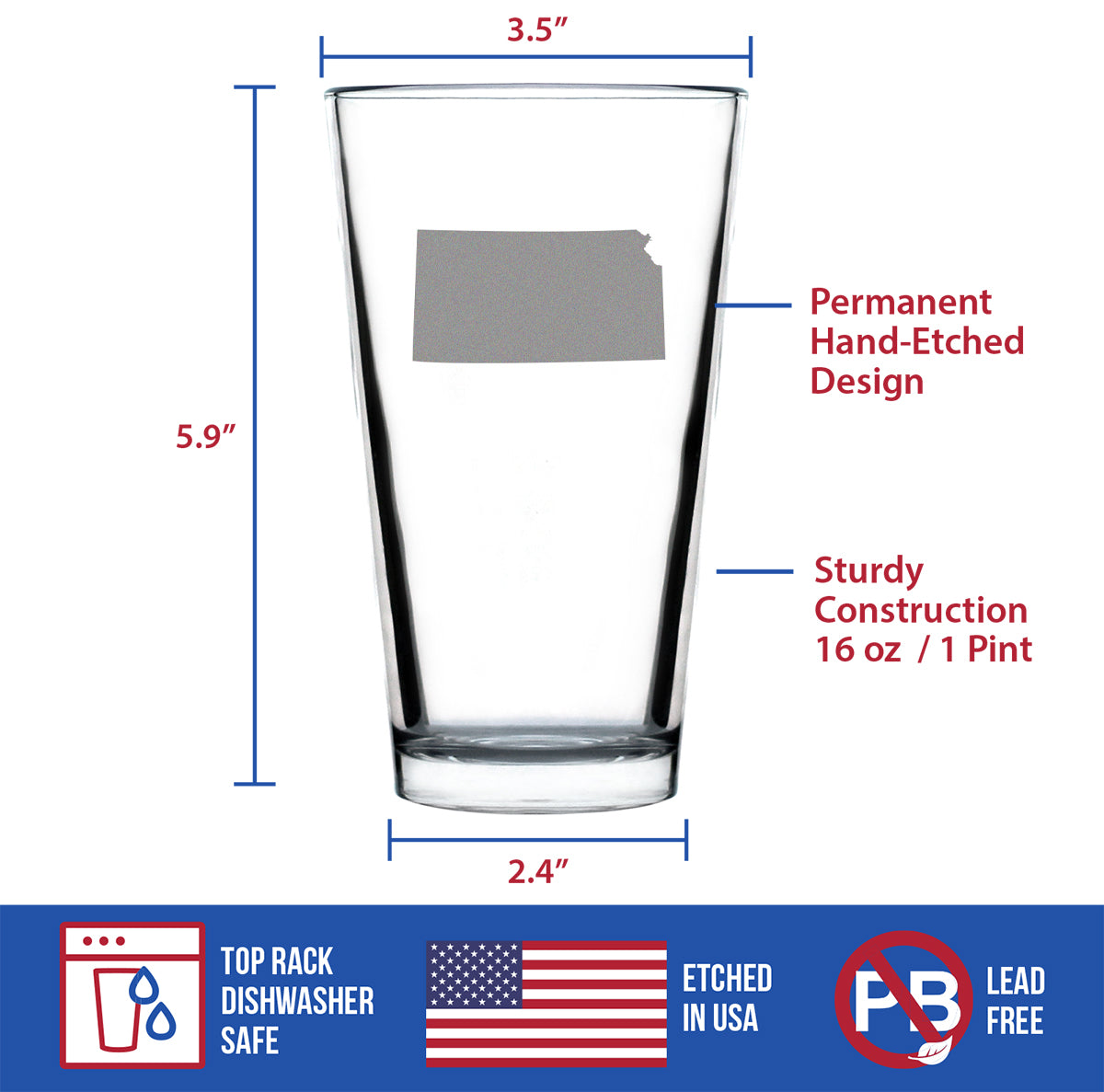 Kansas State Outline Pint Glass for Beer - State Themed Drinking Decor and Gifts for Kansan and Jayhawker Women & Men - 16 Oz Glasses