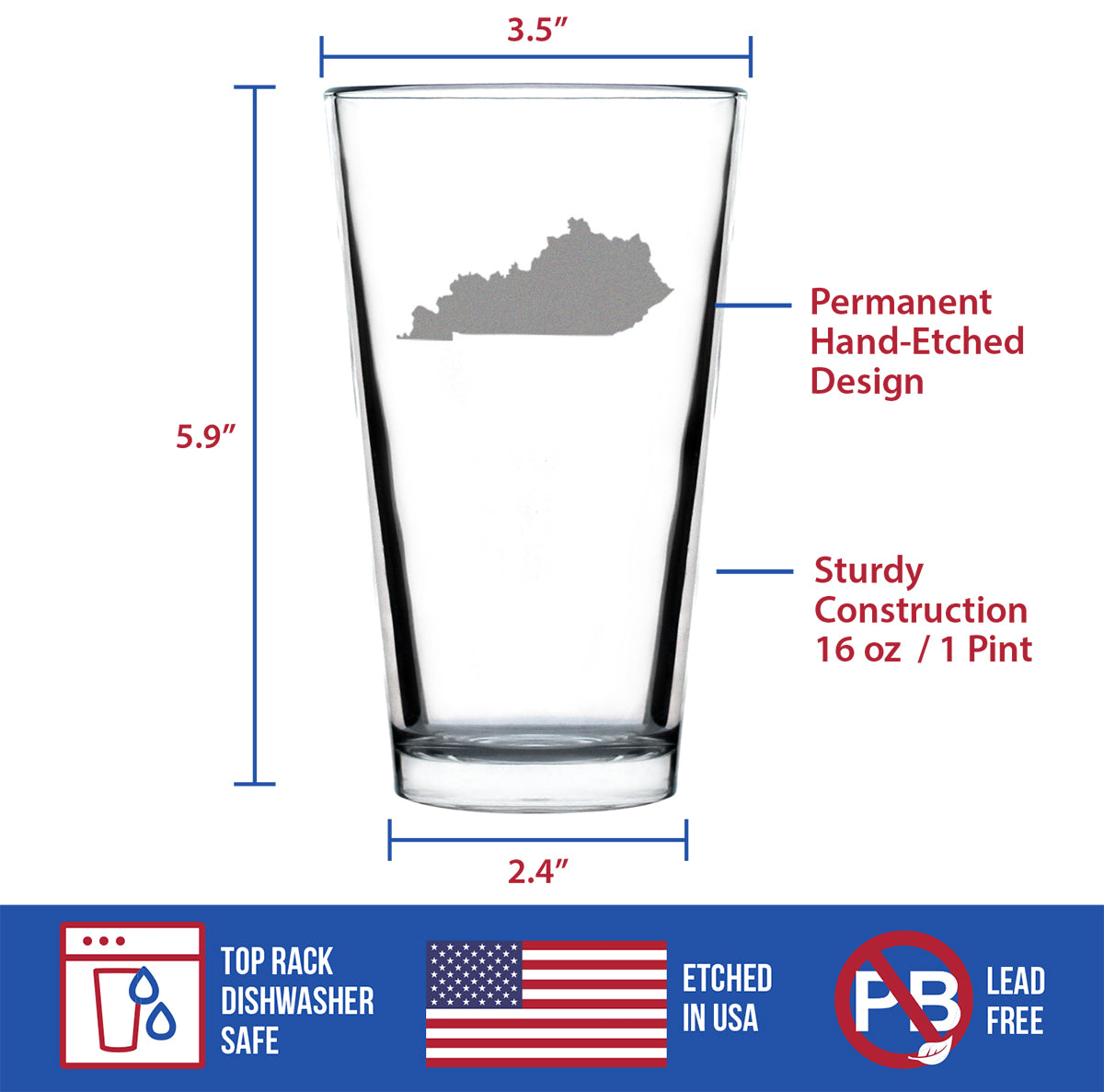 Kentucky State Outline Pint Glass for Beer - State Themed Drinking Decor and Gifts for Kentuckian Women & Men - 16 Oz Glasses