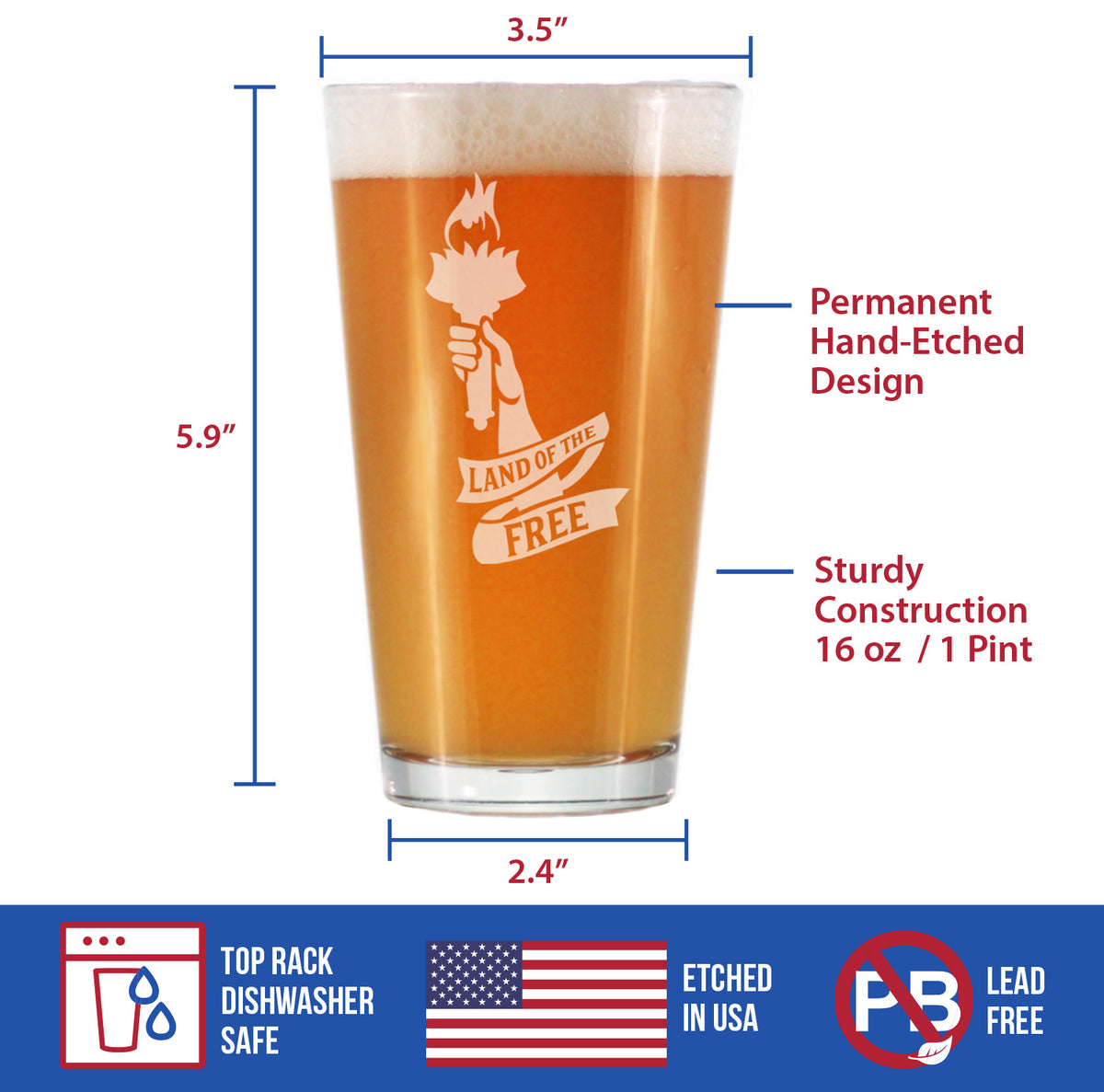 Land of the Free - American Patriotic Pint Glass Gift for Beer Drinking Men &amp; Women - 16 oz Glasses
