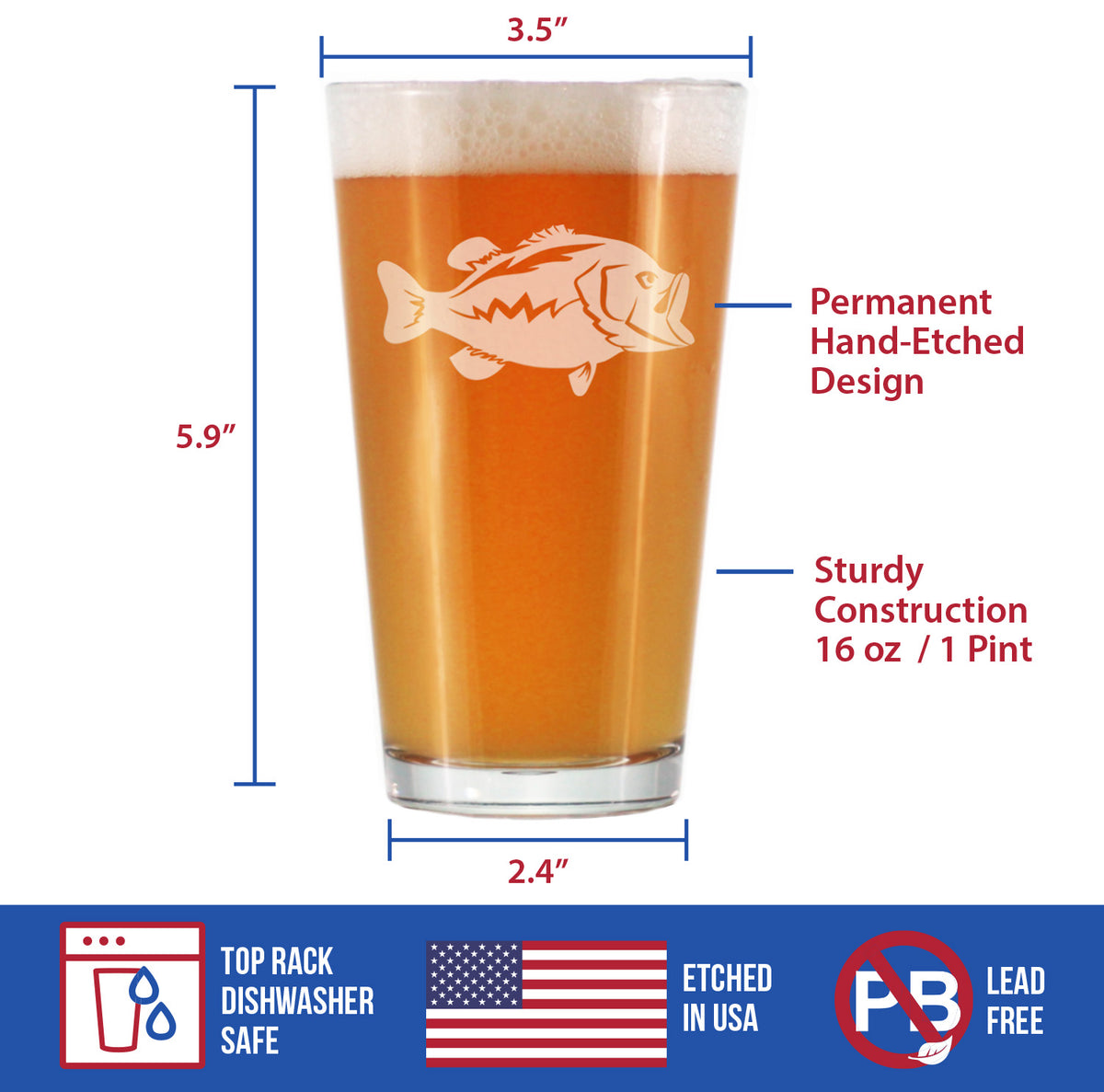 Largemouth Bass - Pint Glass for Beer - Bass Fishing Gifts for Fisherman - Fun Fish Cups &amp; Lake House Decor - 16 oz