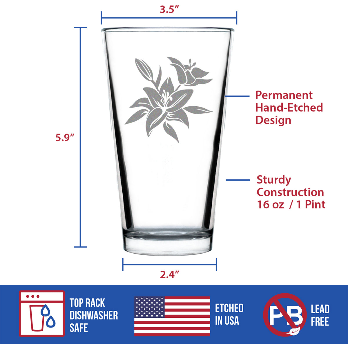 Lily Pint Glass for Beer - Floral Themed Decor and Gifts for Flower Lovers - 16 oz Glasses