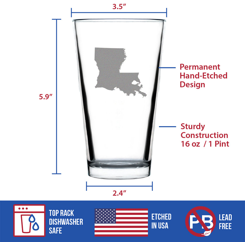 Louisiana State Outline Pint Glass for Beer - State Themed Drinking Decor and Gifts for Louisianian Women & Men - 16 Oz Glasses