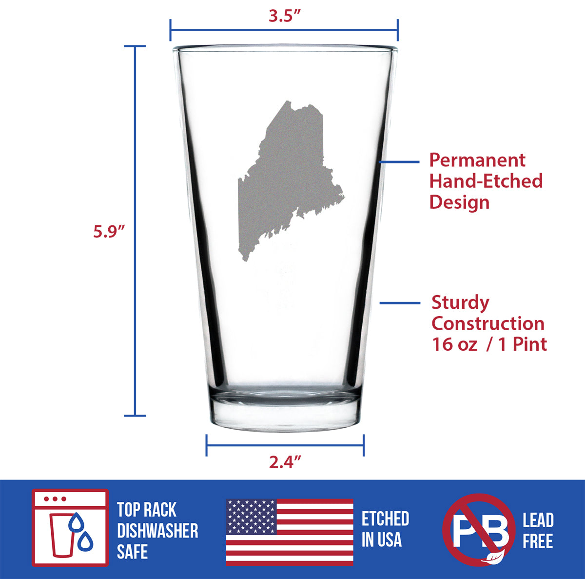 Maine State Outline Pint Glass for Beer - State Themed Drinking Decor and Gifts for Mainer Women &amp; Men - 16 Oz Glasses
