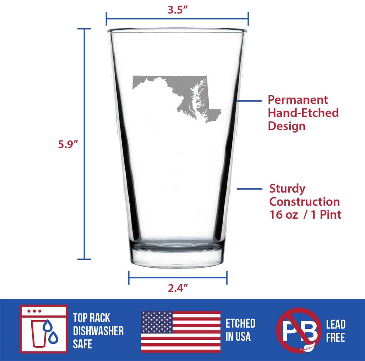 Maryland State Outline Pint Glass for Beer - State Themed Drinking Decor and Gifts for Marylander Women & Men - 16 Oz Glasses