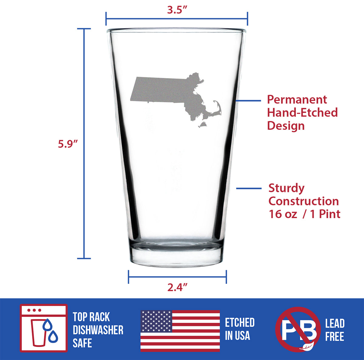Massachusetts State Outline Pint Glass for Beer - State Themed Drinking Decor and Gifts for Bay Stater Women &amp; Men - 16 Oz Glasses