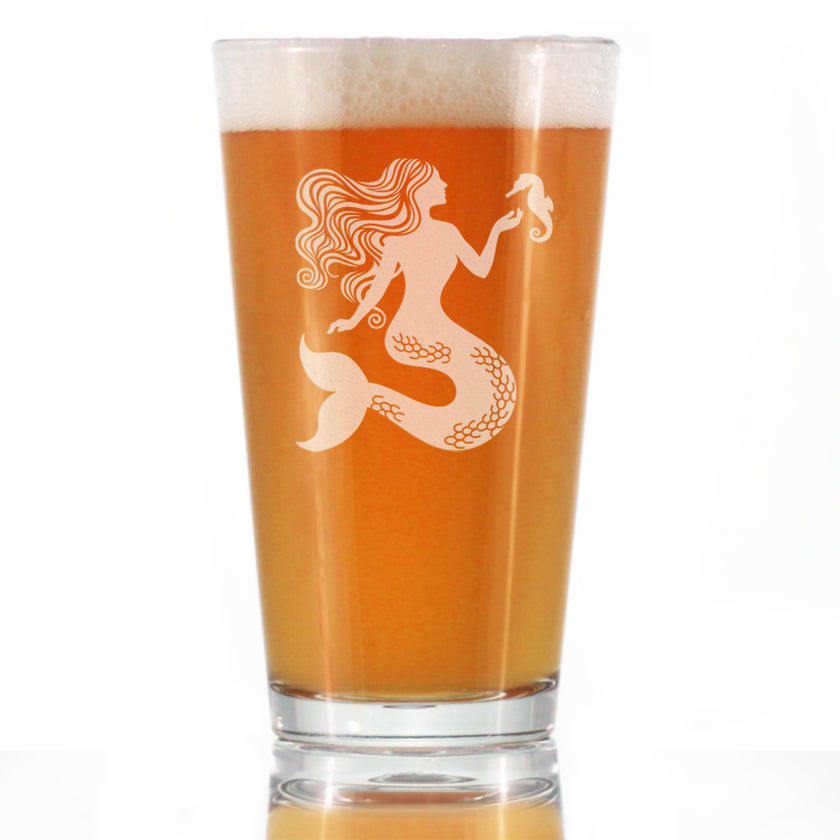Mermaid Pint Glass for Beer - Fun Mermaids Themed Decor and Gifts for Beach Lovers - 16 Oz Glasses