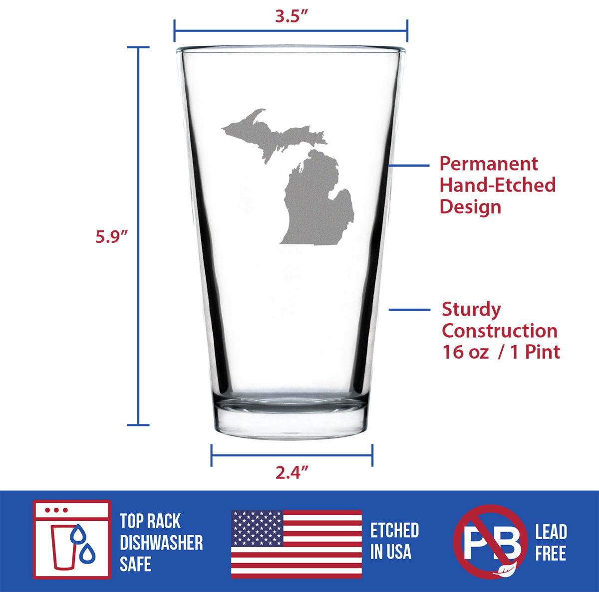 Michigan State Outline Pint Glass for Beer - State Themed Drinking Decor and Gifts for Michigander Women &amp; Men - 16 Oz Glasses