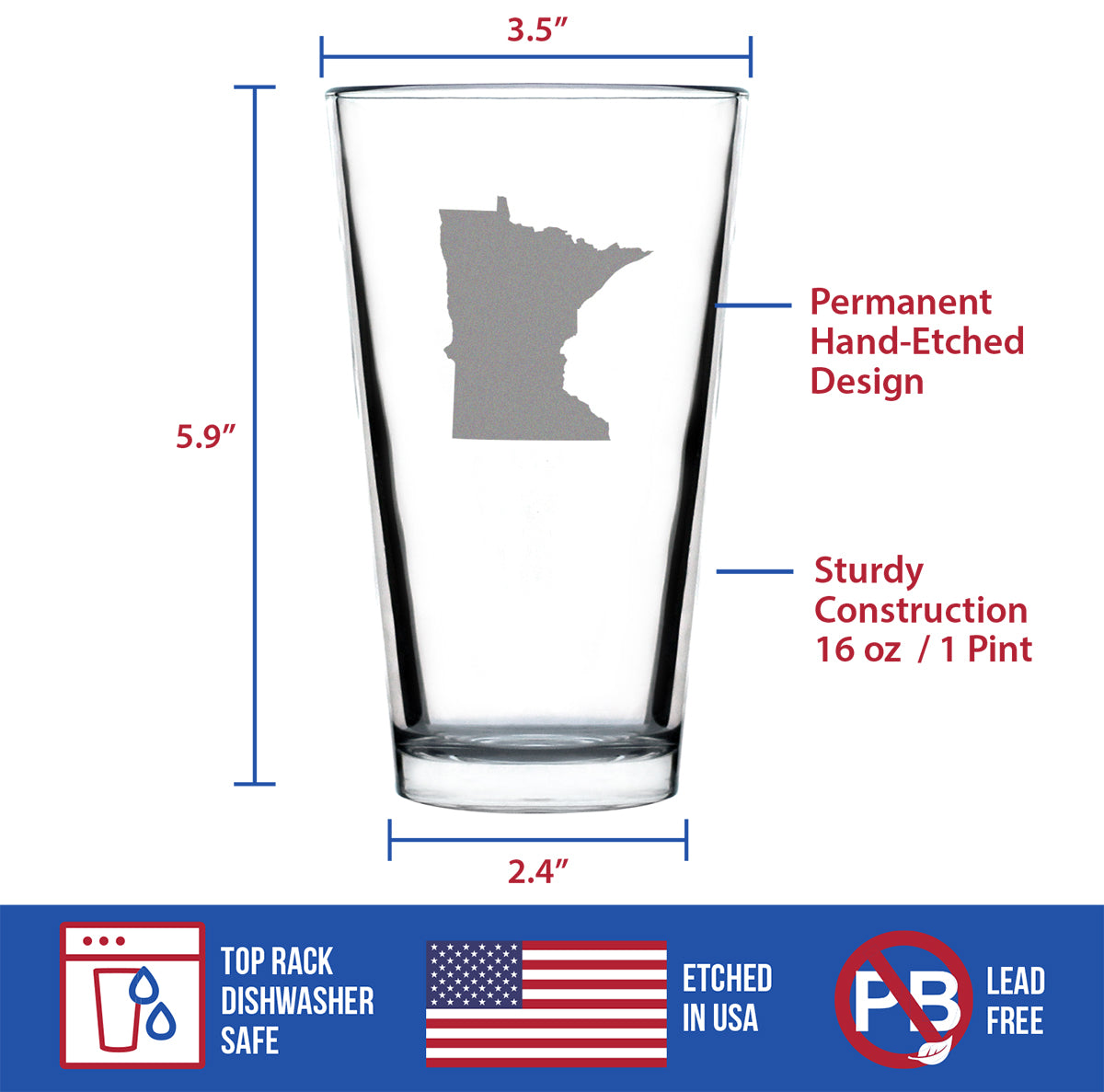 Minnesota State Outline Pint Glass for Beer - State Themed Drinking Decor and Gifts for Minnesotan Women &amp; Men - 16 Oz Glasses
