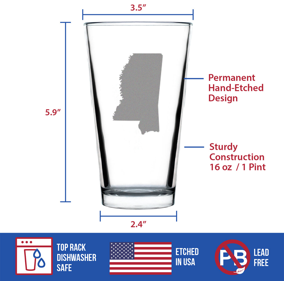 Mississippi State Outline Pint Glass for Beer - State Themed Drinking Decor and Gifts for Mississippian Women &amp; Men - 16 Oz Glasses