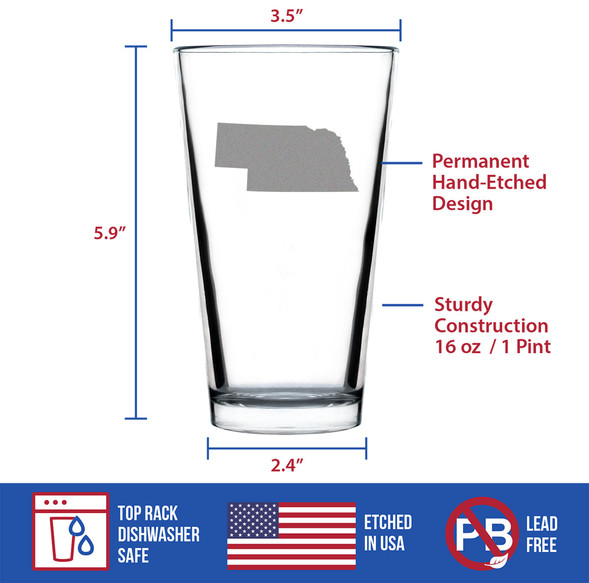 Nebraska State Outline Pint Glass for Beer - State Themed Drinking Decor and Gifts for Nebraskan Women &amp; Men - 16 Oz Glasses