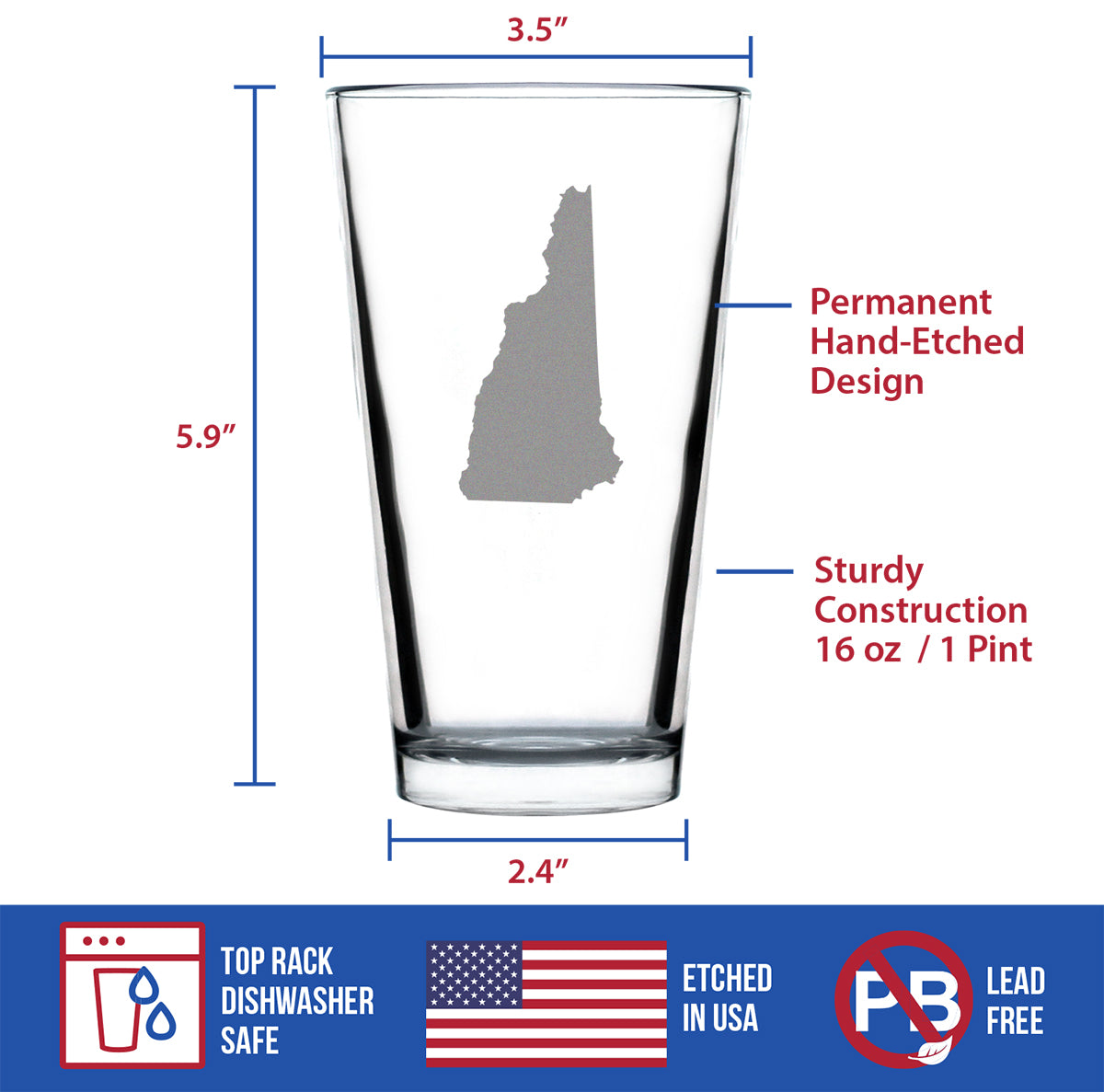 New Hampshire State Outline Pint Glass for Beer - State Themed Drinking Decor and Gifts for New Hampshirite Women &amp; Men - 16 Oz Glasses