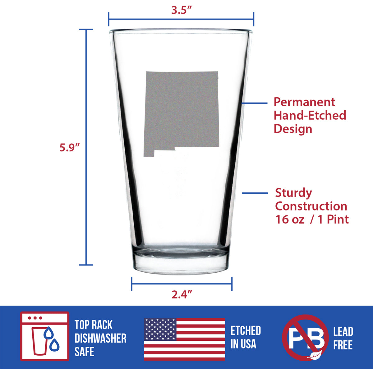 New Mexico State Outline Pint Glass for Beer - State Themed Drinking Decor and Gifts for New Mexican Women &amp; Men - 16 Oz Glasses