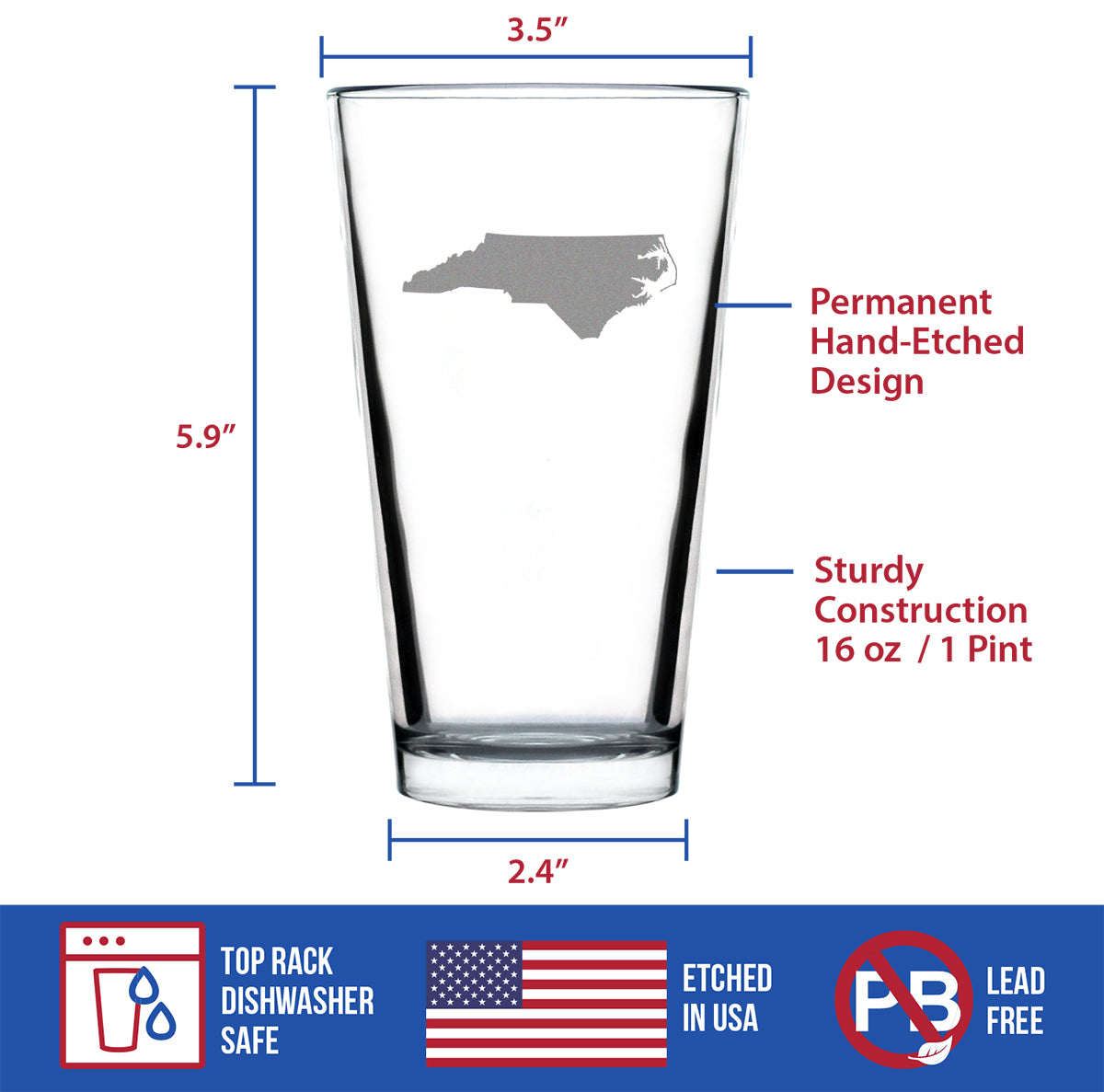North Carolina State Outline Pint Glass for Beer - State Themed Drinking Decor and Gifts for North Carolinian Women & Men - 16 Oz Glasses