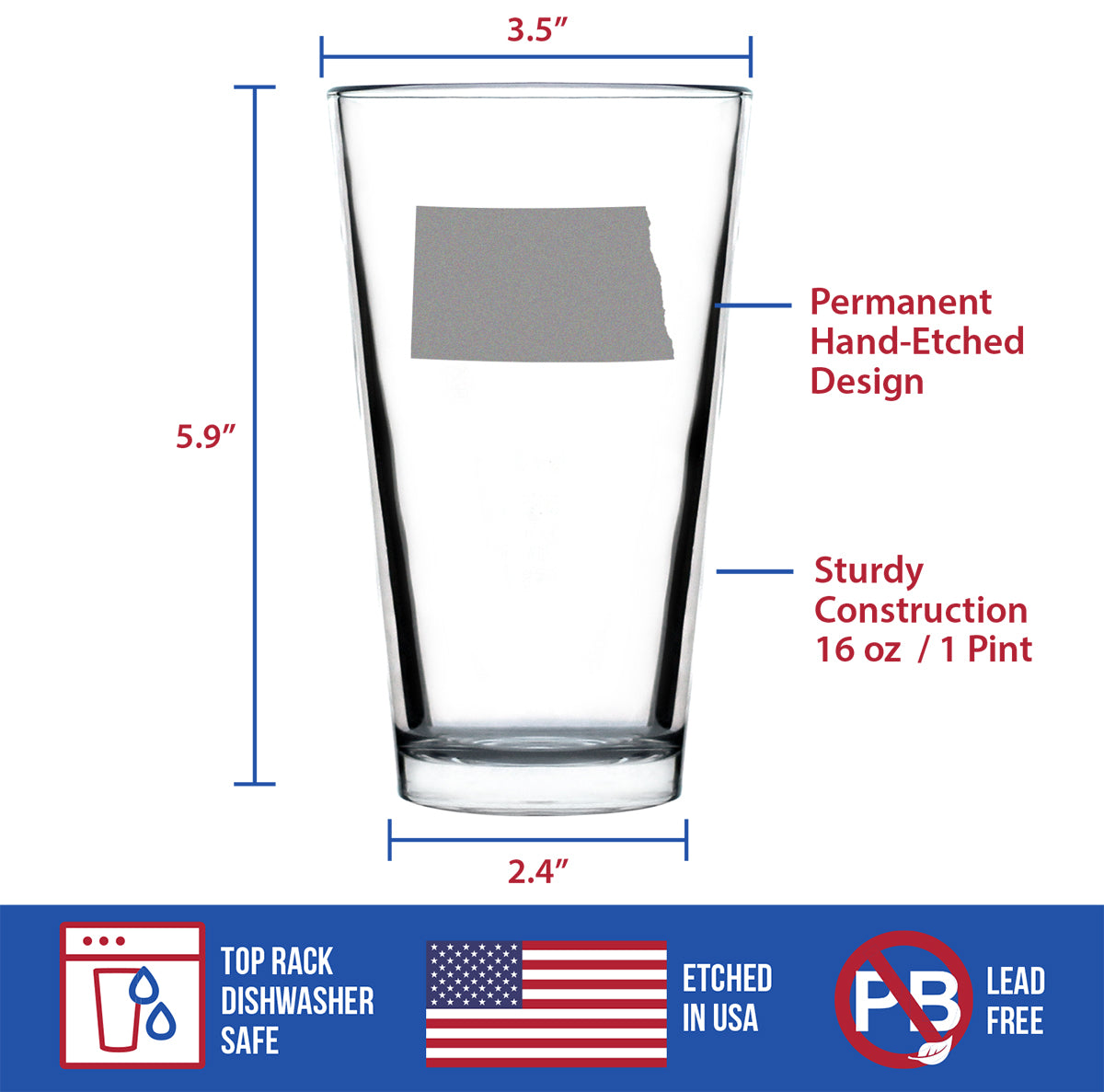 North Dakota State Outline Pint Glass for Beer - State Themed Drinking Decor and Gifts for North Dakotan Women &amp; Men - 16 Oz Glasses