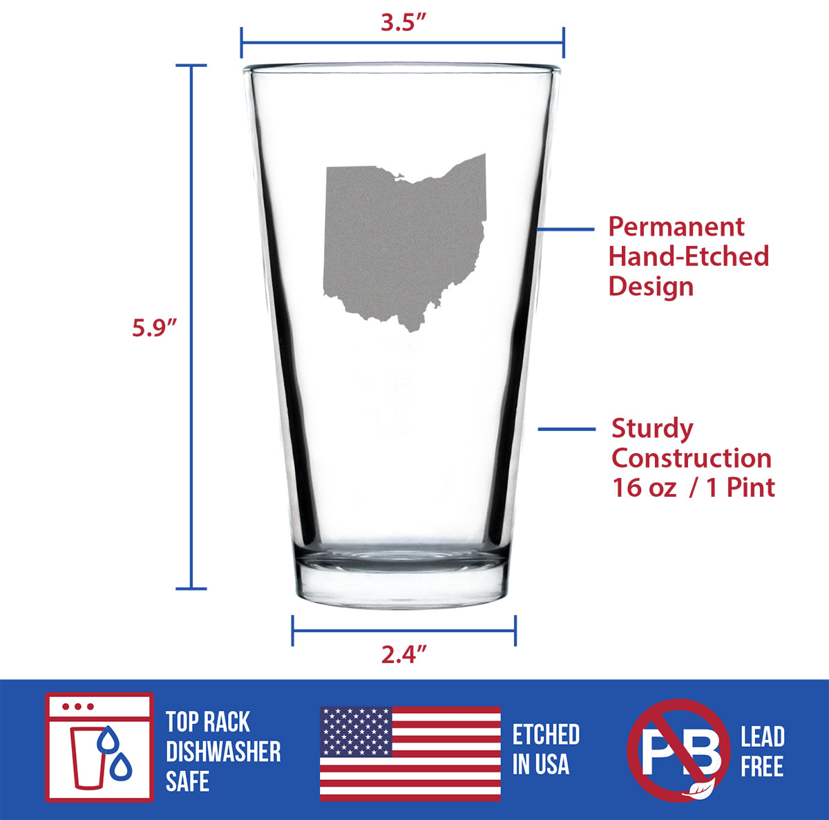 Ohio State Outline Pint Glass for Beer - State Themed Drinking Decor and Gifts for Ohioan Women &amp; Men - 16 Oz Glasses
