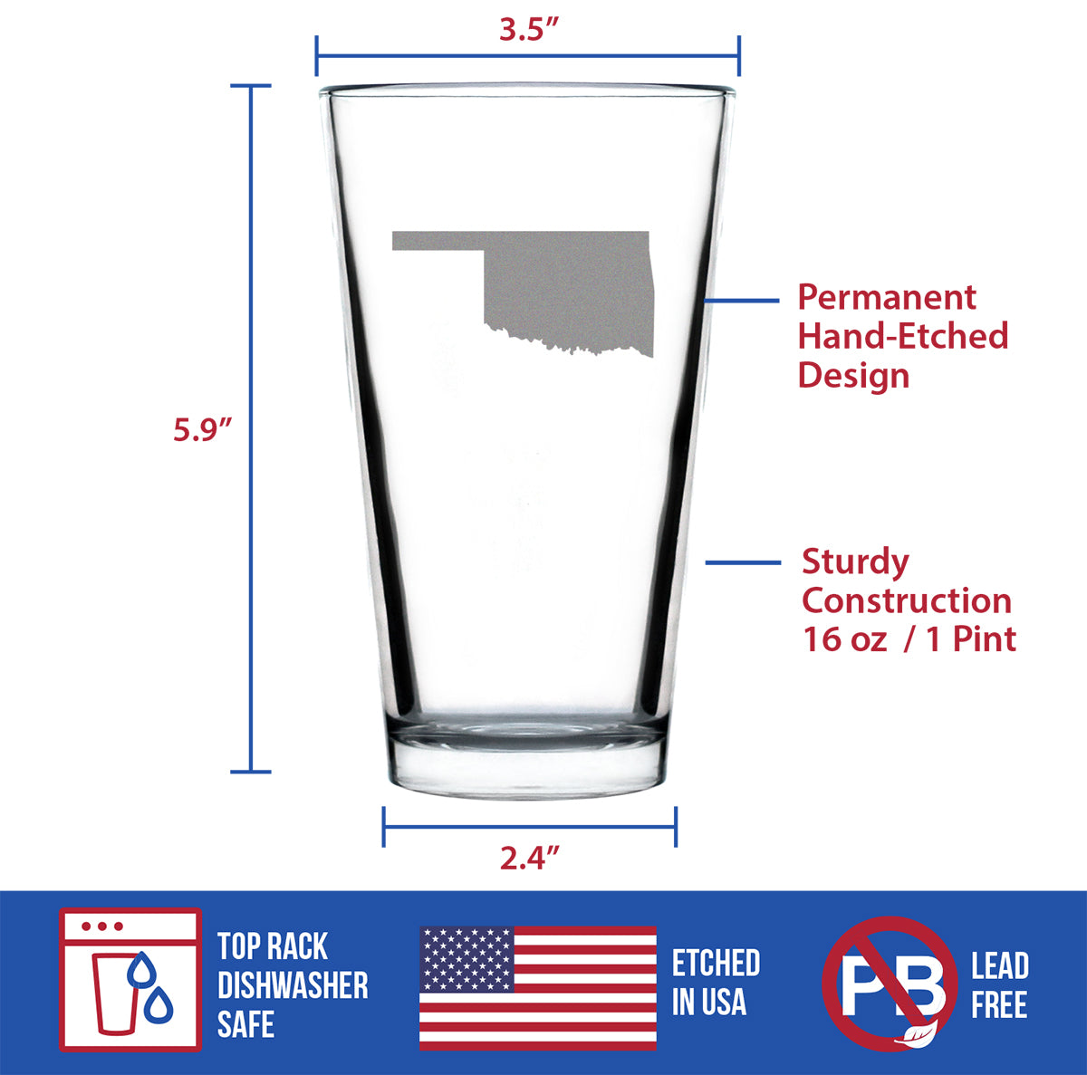 Oklahoma State Outline Pint Glass for Beer - State Themed Drinking Decor and Gifts for Oklahoman Women &amp; Men - 16 Oz Glasses