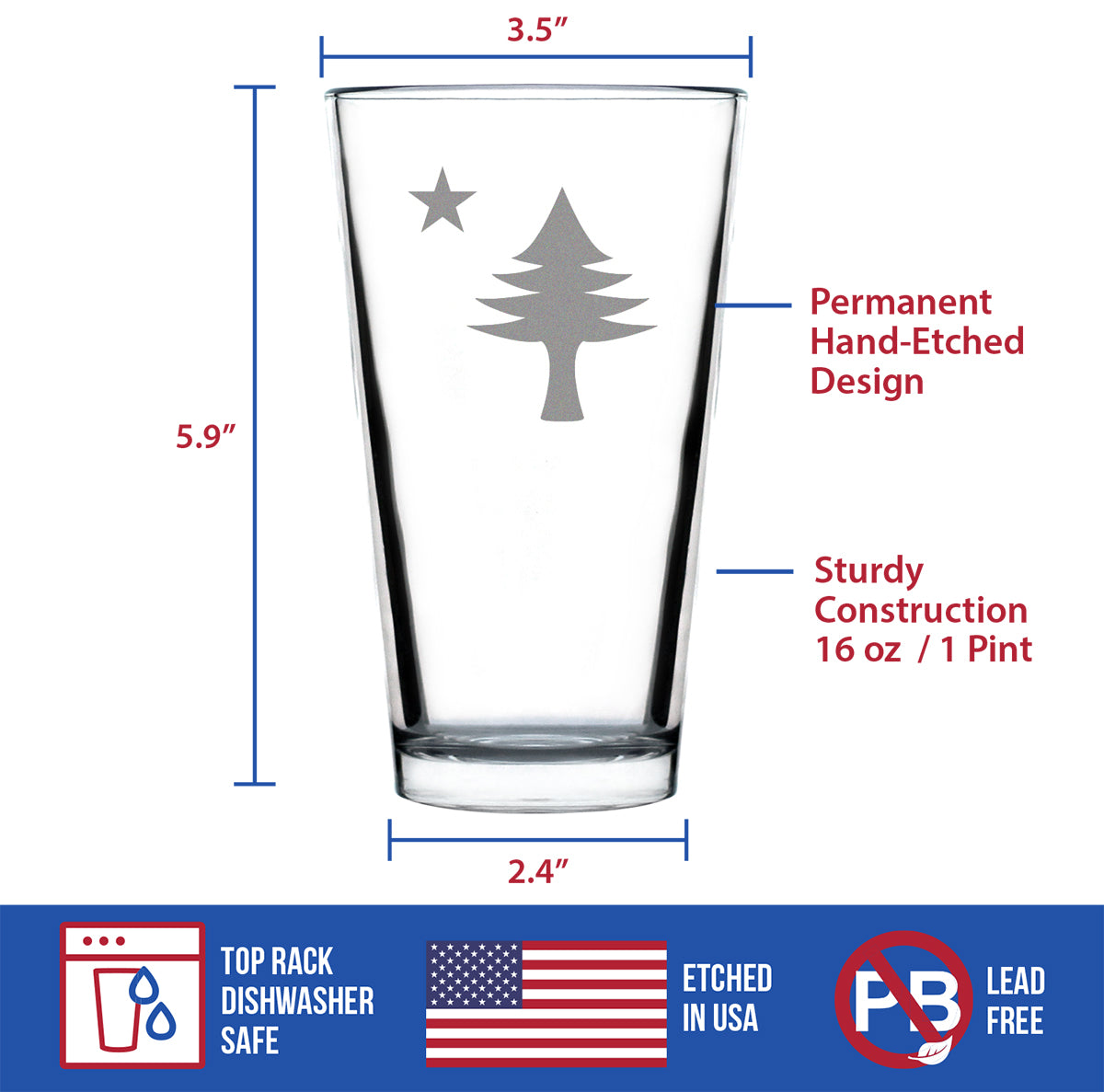 Old Maine Flag Pint Glass for Beer - Original 1901 State of Maine Flag Gifts for Women &amp; Men Mainers - 16 Oz Pint Glasses