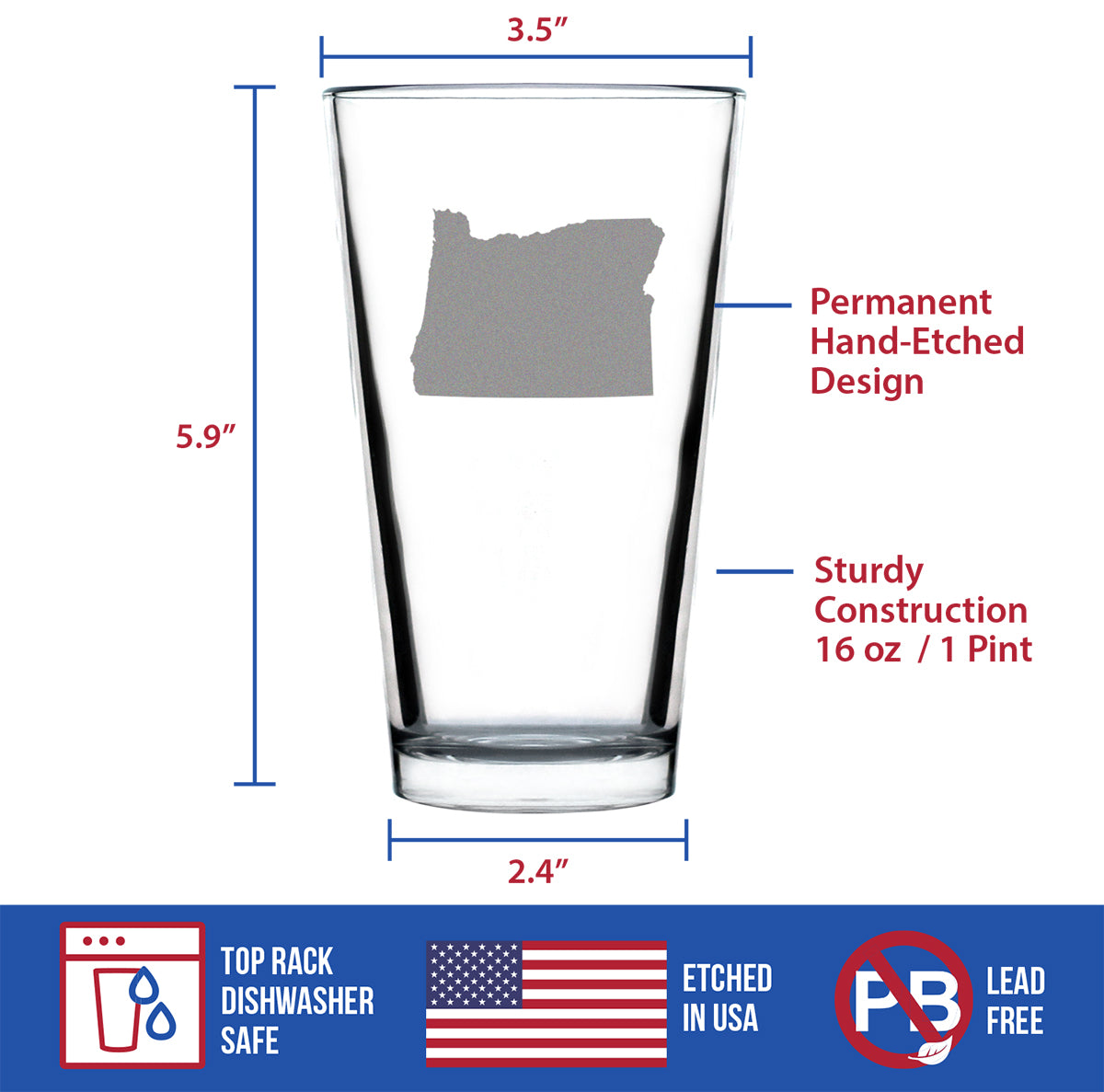 Oregon State Outline Pint Glass for Beer - State Themed Drinking Decor and Gifts for Oregonian Women &amp; Men - 16 Oz Glasses