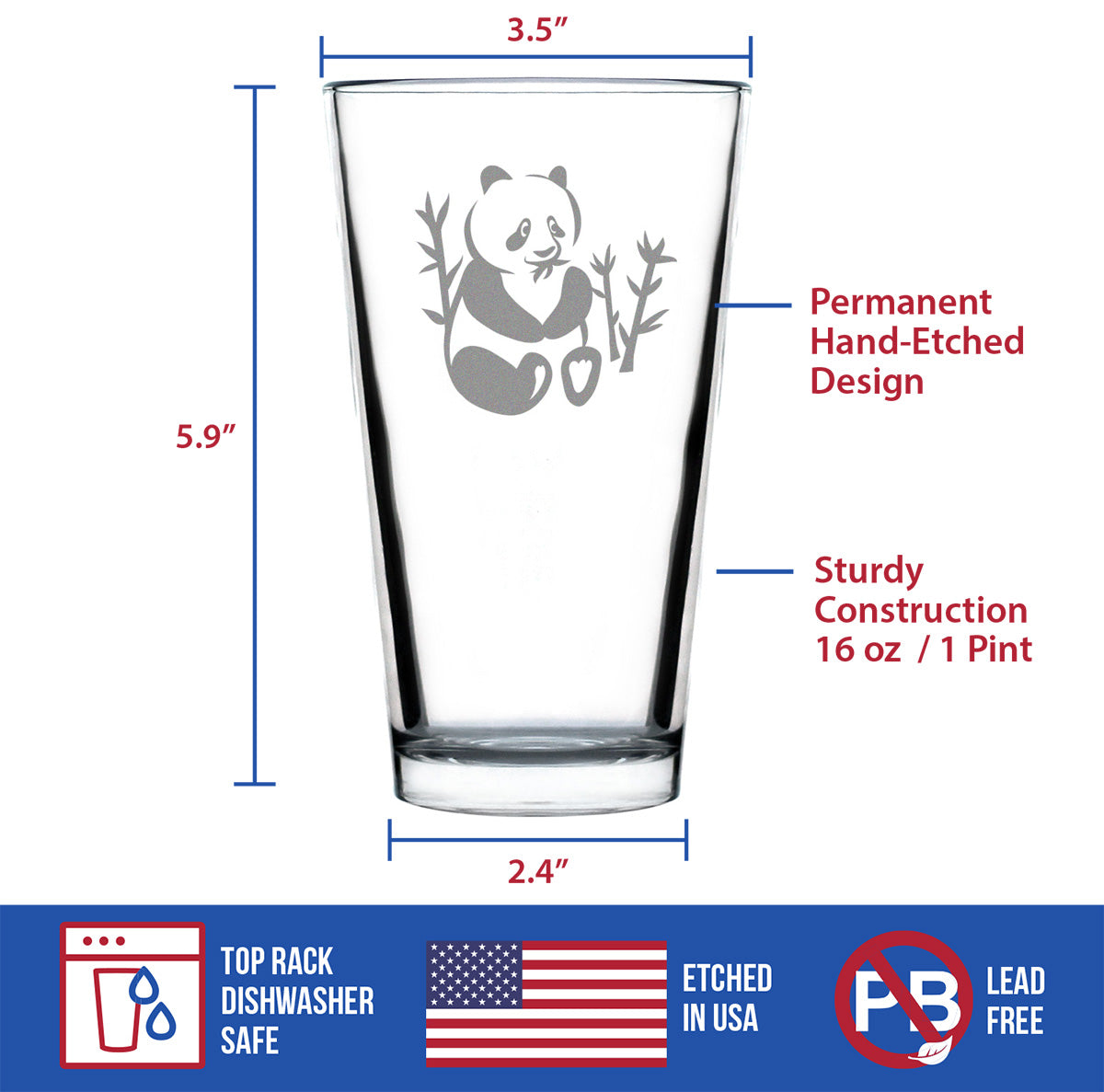 Panda Pint Glass for Beer - Unique Panda Themed Decor and Gifts for Panda Bears - 16 Oz Glasses