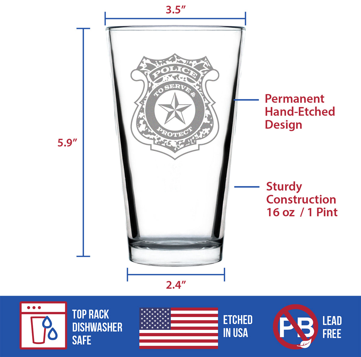 Police Badge Engraved Pint Glass, Unique Gifts for Police Officers, Law Enforcement Gift