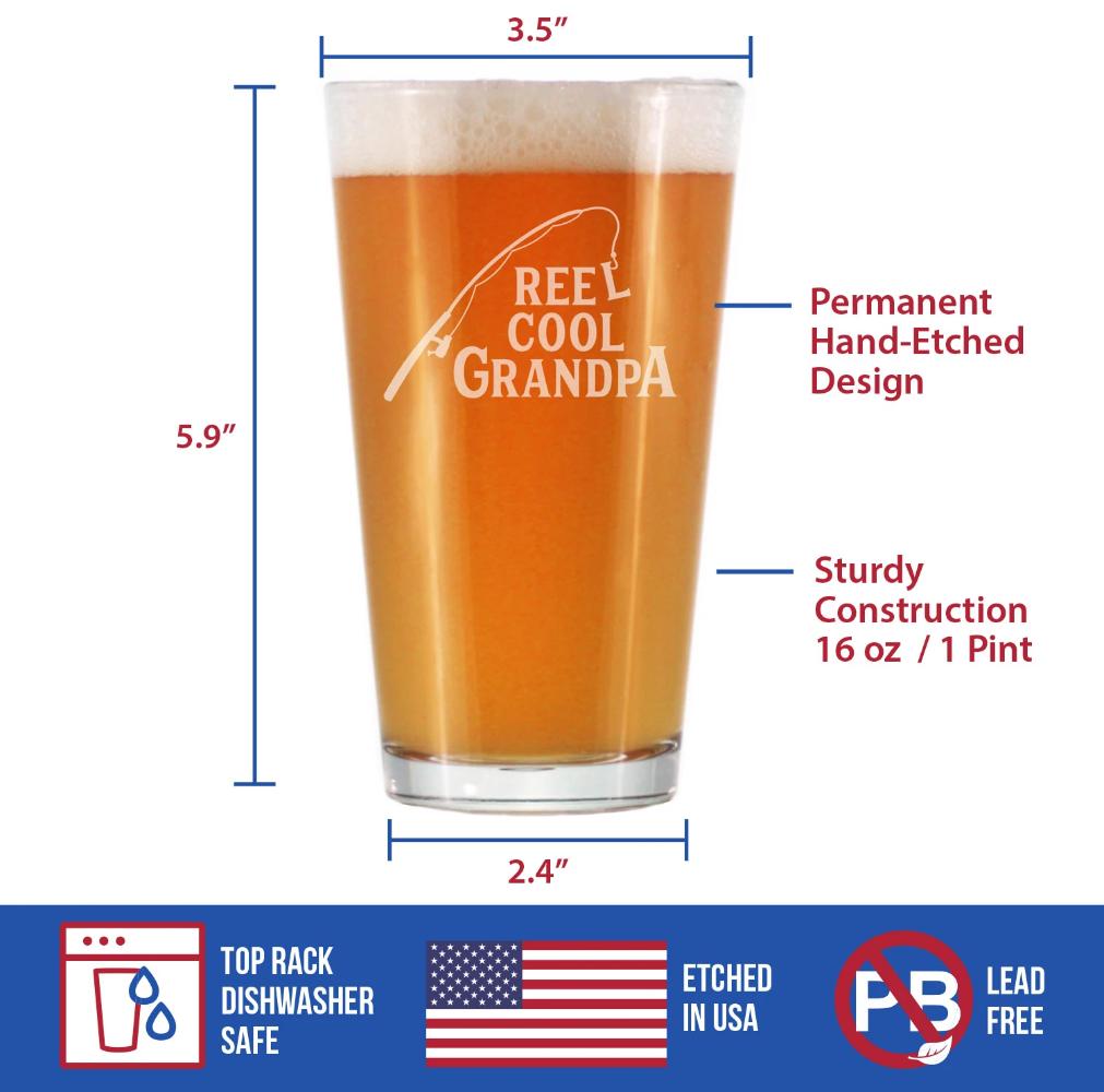 Reel Cool Grandpa - 16 oz Pint Glass for Beer - Funny Fishing Gifts for Fisherman Grandfather - Fun Fish Cups