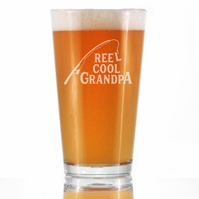 Reel Cool Grandpa - 16 oz Pint Glass for Beer - Funny Fishing Gifts for Fisherman Grandfather - Fun Fish Cups
