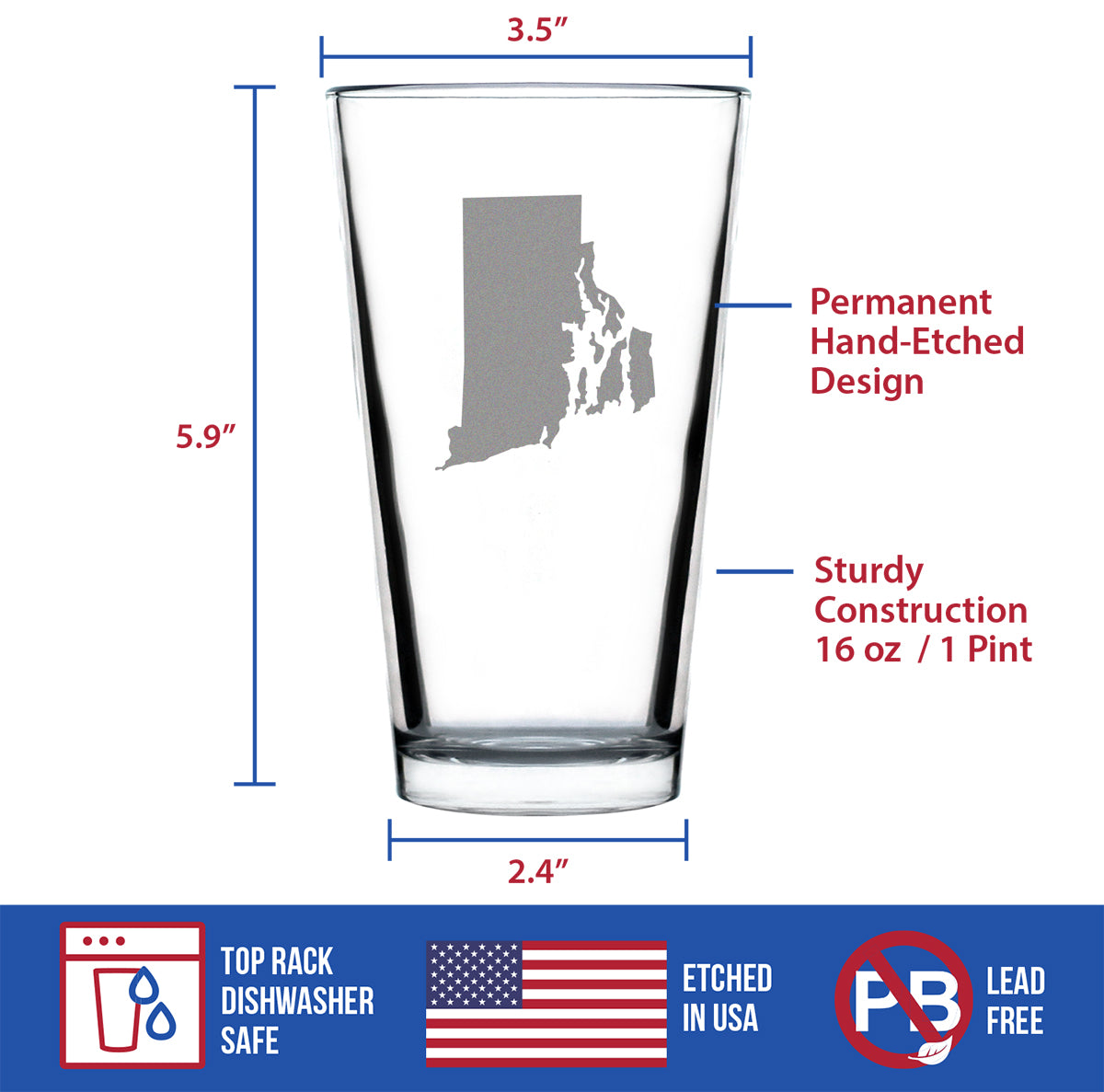 Rhode Island State Outline Pint Glass for Beer - State Themed Drinking Decor and Gifts for Rhode Islander Women & Men - 16 Oz Glasses