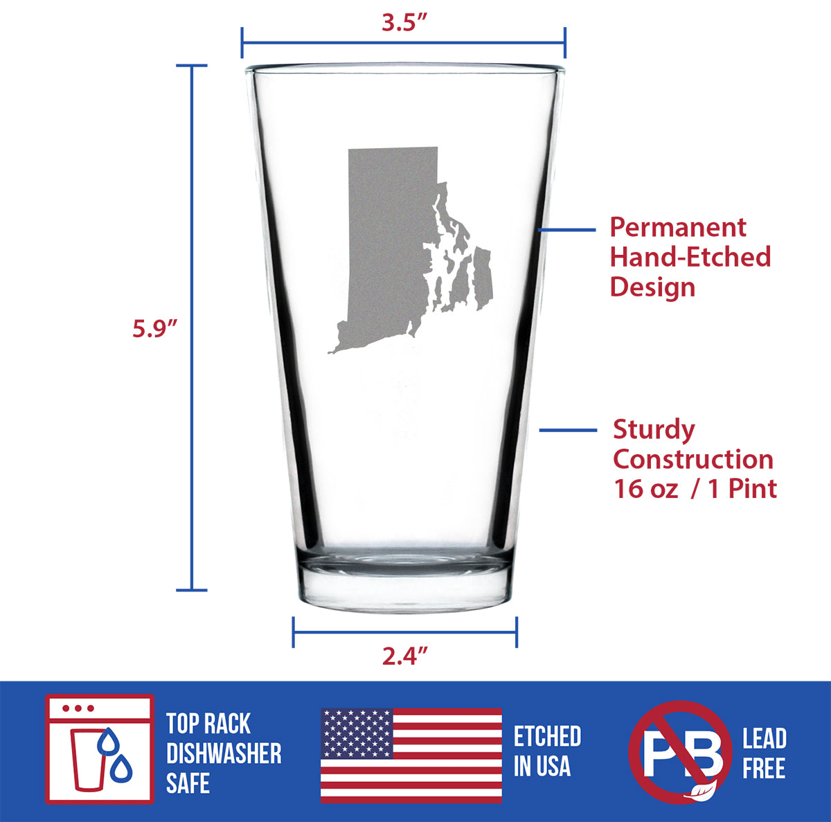 Rhode Island State Outline Pint Glass for Beer - State Themed Drinking Decor and Gifts for Rhode Islander Women &amp; Men - 16 Oz Glasses