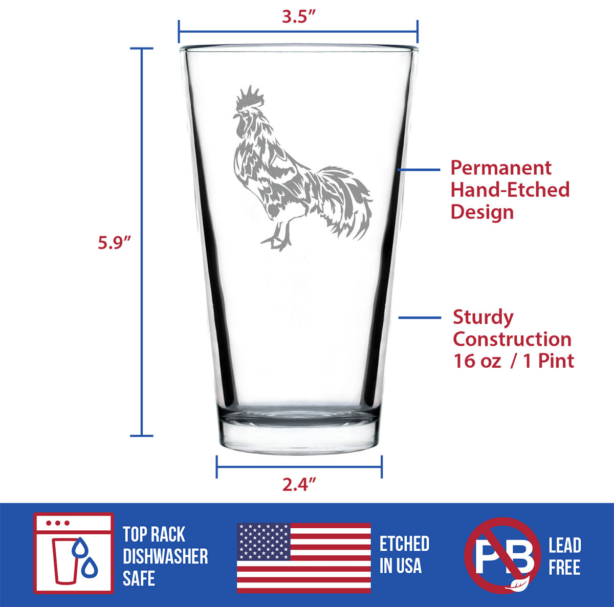 Rooster - Cute Funny Pint Glass, 16 Oz, Etched Sayings, Cute Farmhouse Décor Gifts for Lovers of Roosters, Chickens and Beer