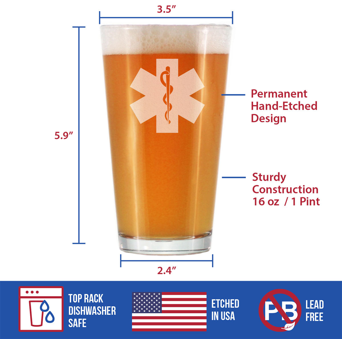 EMT Star of Life Pint Glass for Beer - EMS Themed Gifts for Paramedics and EMTS - 16 Oz