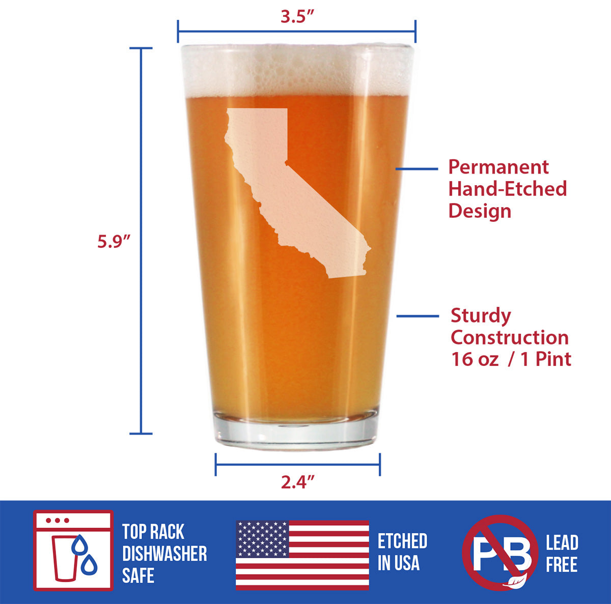 California State Outline Pint Glass for Beer - State Themed Drinking Decor and Gifts for Californian Women &amp; Men - 16 Oz Glasses