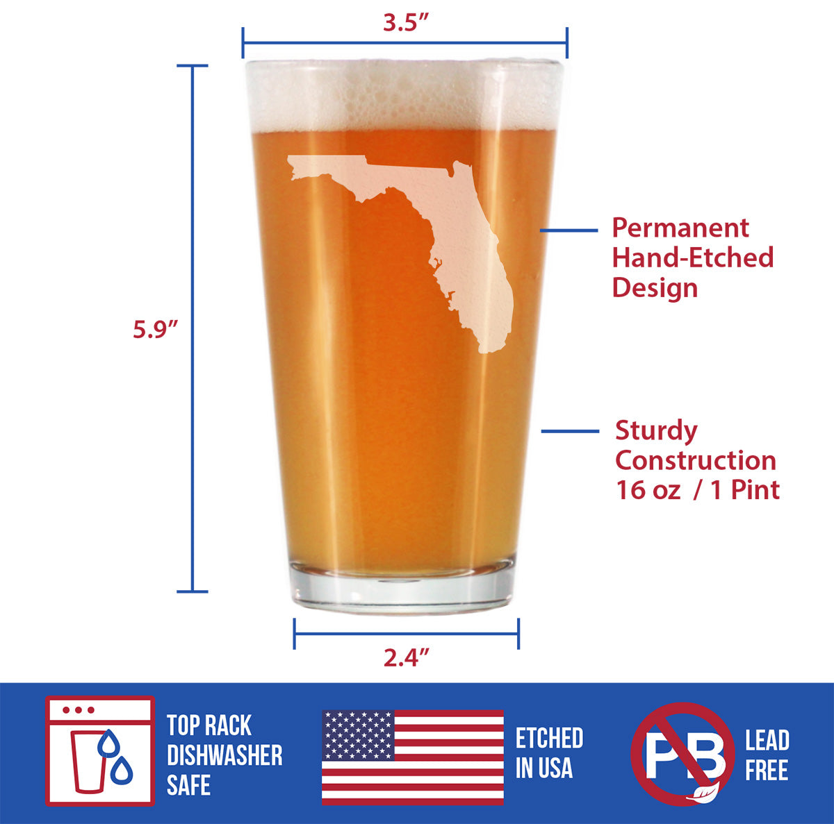Florida State Outline Pint Glass for Beer - State Themed Drinking Decor and Gifts for Floridian Women &amp; Men - 16 Oz Glasses