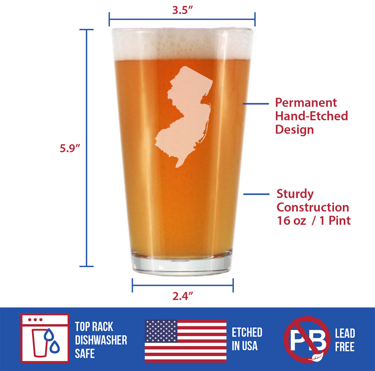 New Jersey State Outline Pint Glass for Beer - State Themed Drinking Decor and Gifts for New Jerseyan Women &amp; Men - 16 Oz Glasses