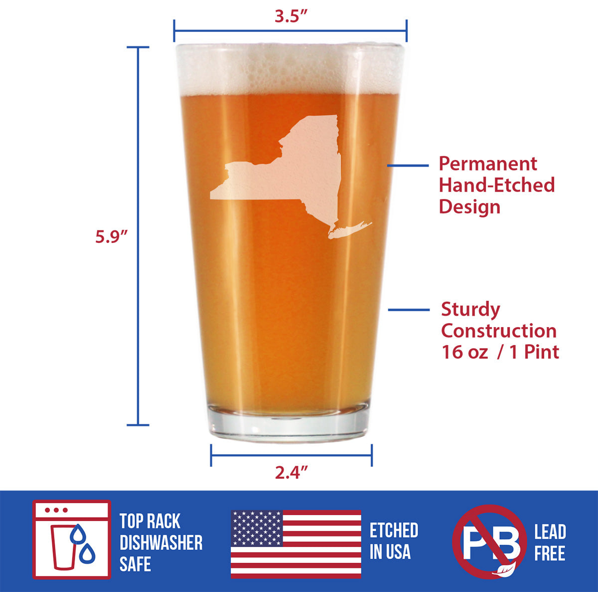 New York State Outline Pint Glass for Beer - State Themed Drinking Decor and Gifts for New Yorker Women &amp; Men - 16 Oz Glasses
