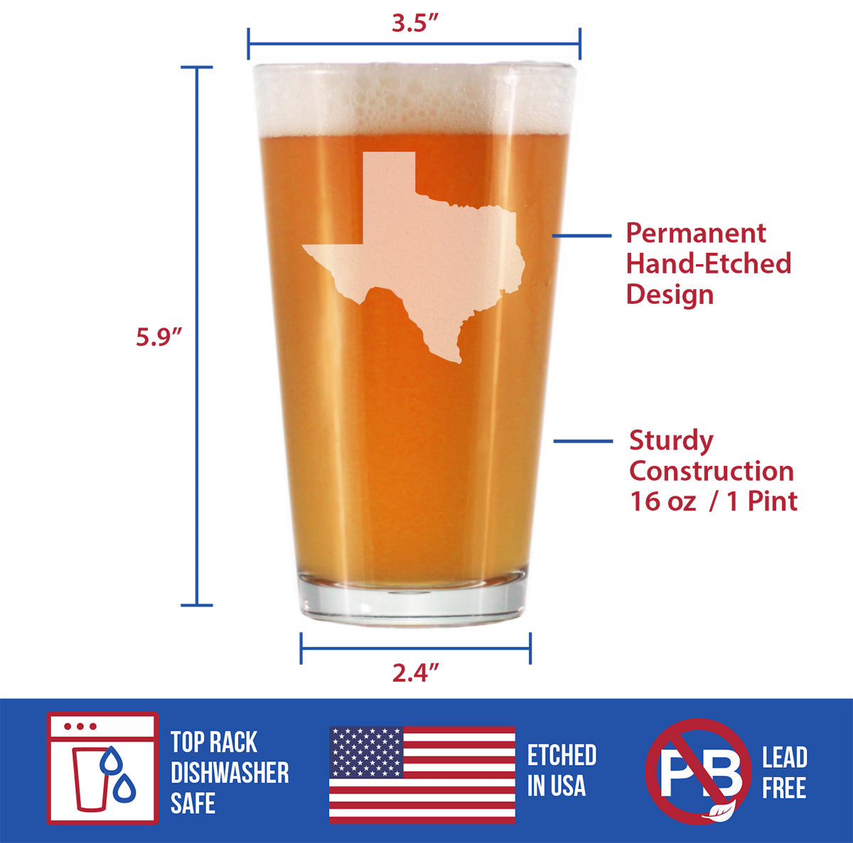 Texas State Outline Pint Glass for Beer - State Themed Drinking Decor and Gifts for Texan Women &amp; Men - 16 Oz Glasses