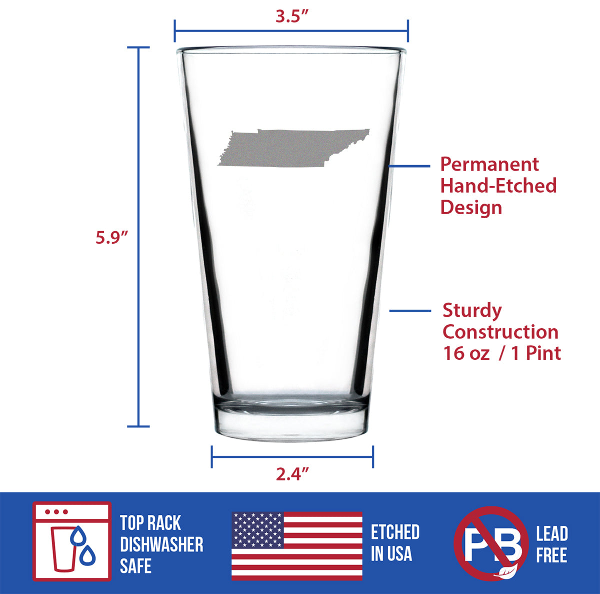 Tennessee State Outline Pint Glass for Beer - State Themed Drinking Decor and Gifts for Tennessean Women &amp; Men - 16 Oz Glasses