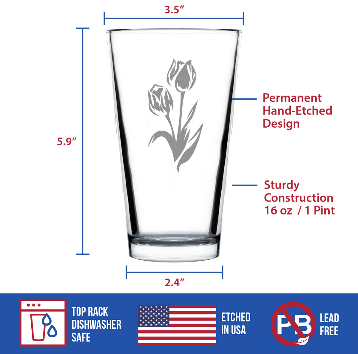 Tulip Pint Glass for Beer - Floral Themed Decor and Gifts for Flower Lovers - 16 oz Glasses