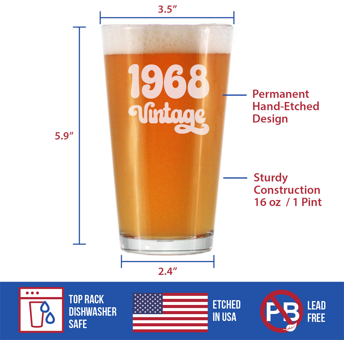 Vintage 1968 - Pint Glass for Beer - 55th Birthday Gifts for Men or Women Turning 55 - Fun Bday Party Decor - 16 oz
