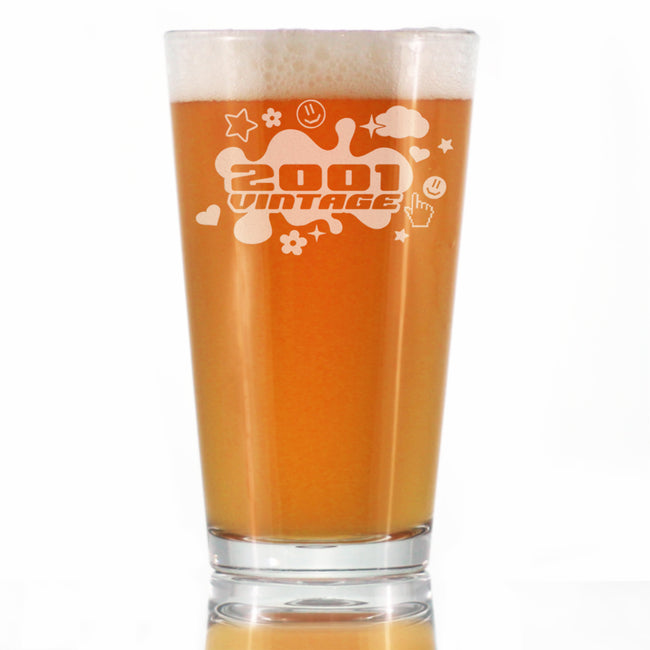 Vintage 2001 - Pint Glass for Beer - 25th Birthday Gifts for Men or Women Turning 25 - Fun Bday Party Decor - 16 Oz Pint Glasses